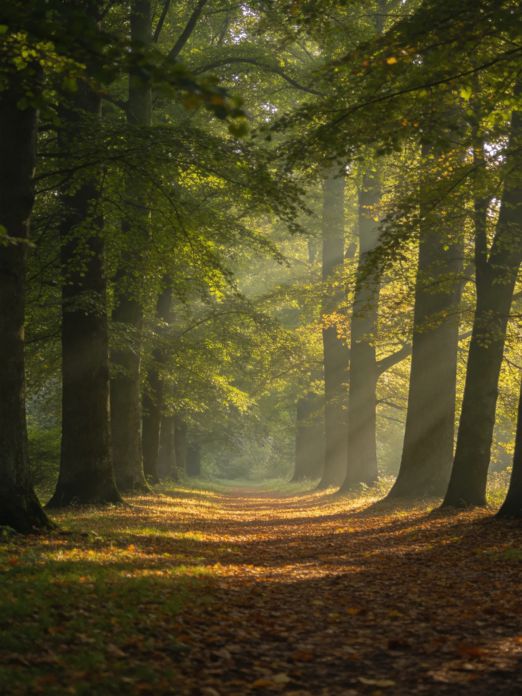 Sunlight Filters Through Tall Trees Along a Misty Forest Path