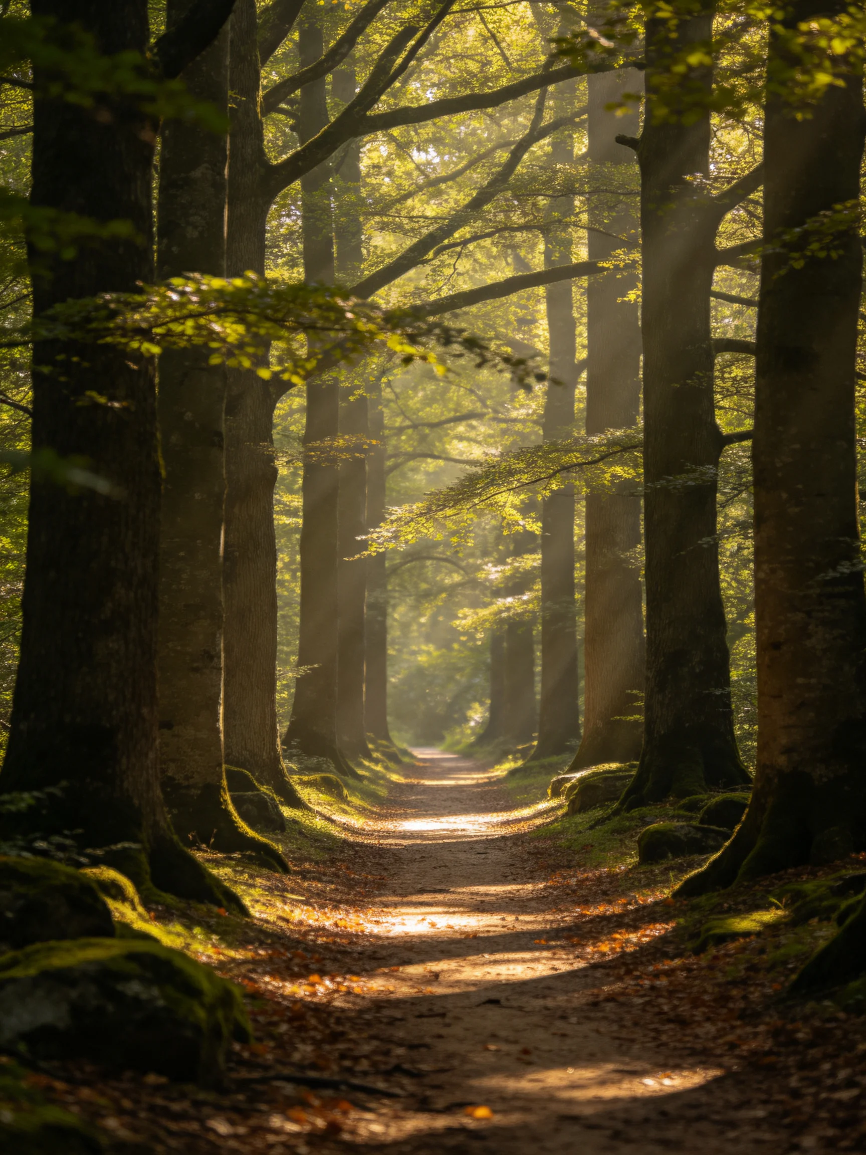 Sunlight Filters Through Tall Trees Along a Moss-Covered Forest Path