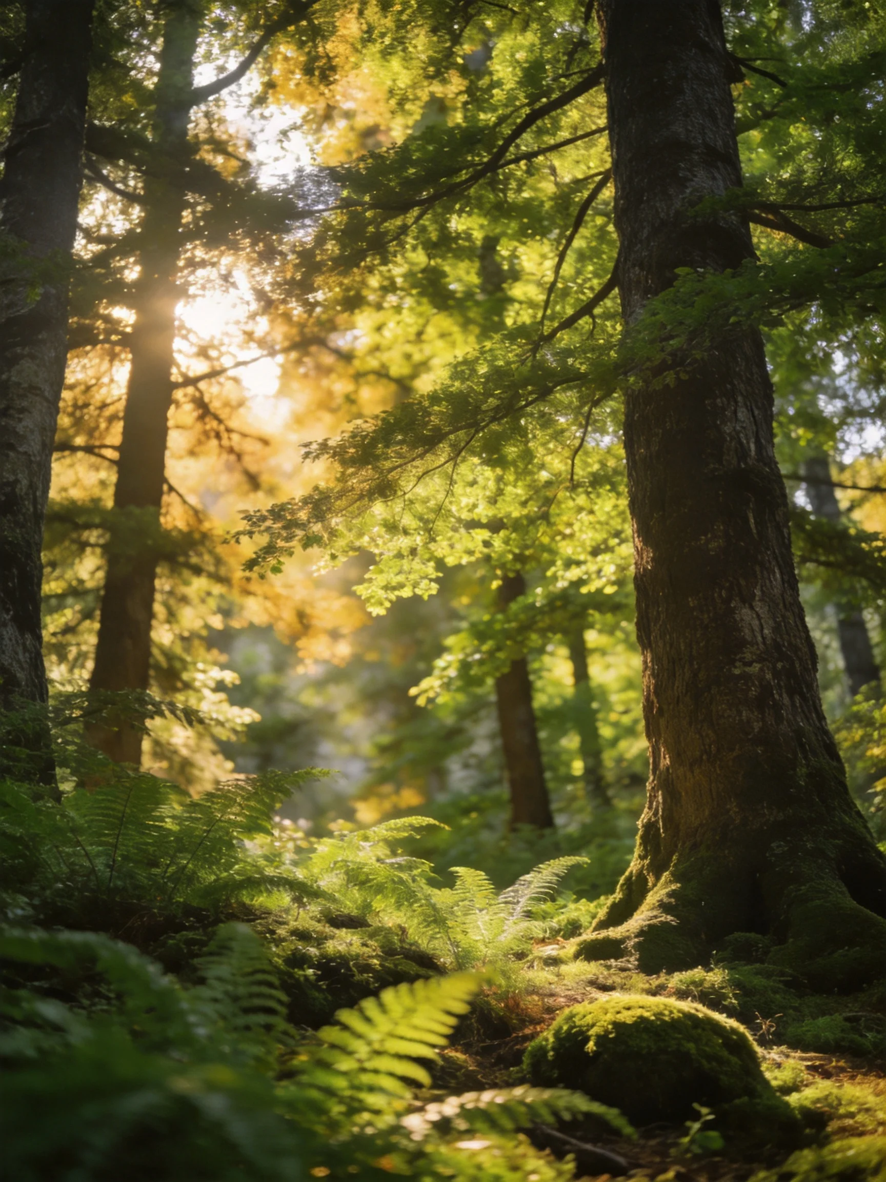 Sunlight Filters Through Tall Trees and Lush Ferns in a Dense Forest