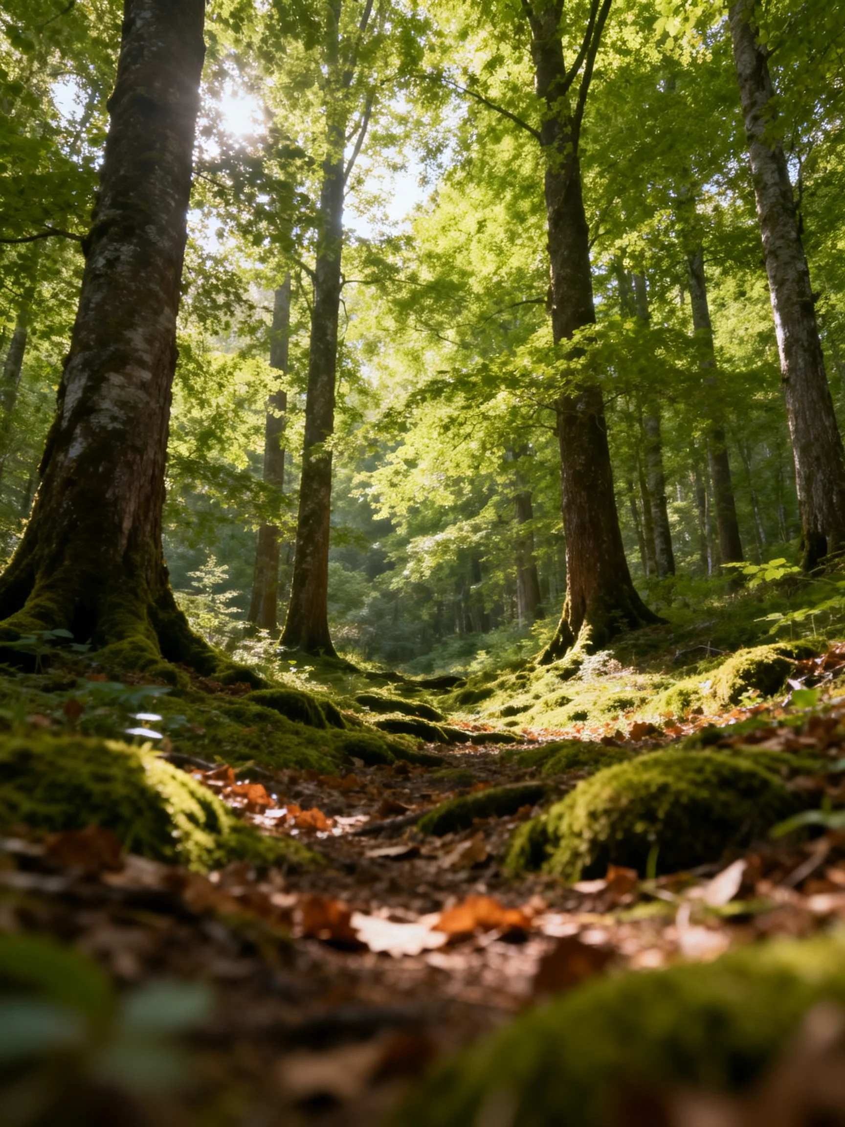 Sunlight Filters Through Tall Trees in Lush Green Forest