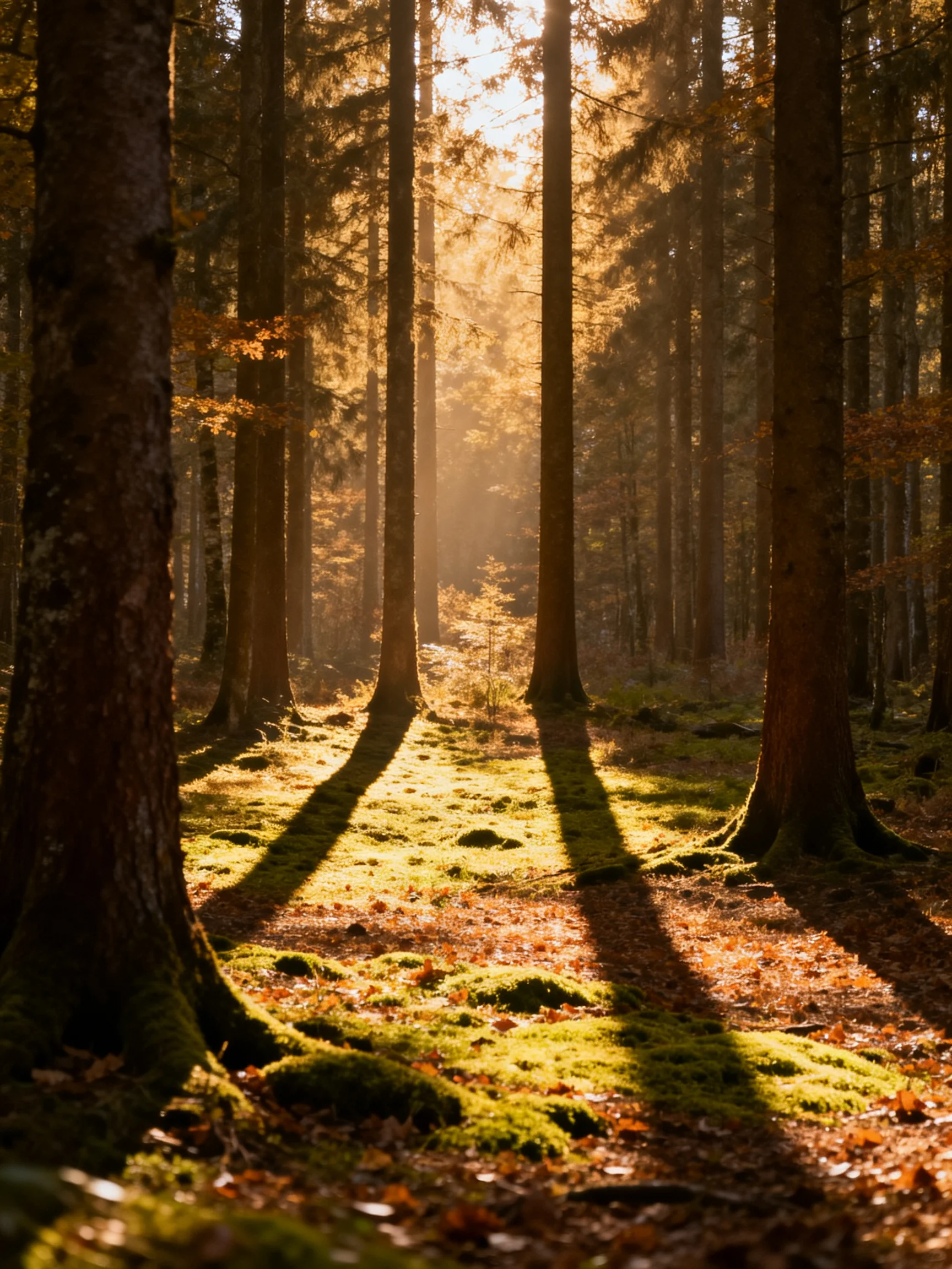 Sunlight Filters Through Tall Trees in a Moss-Covered Forest
