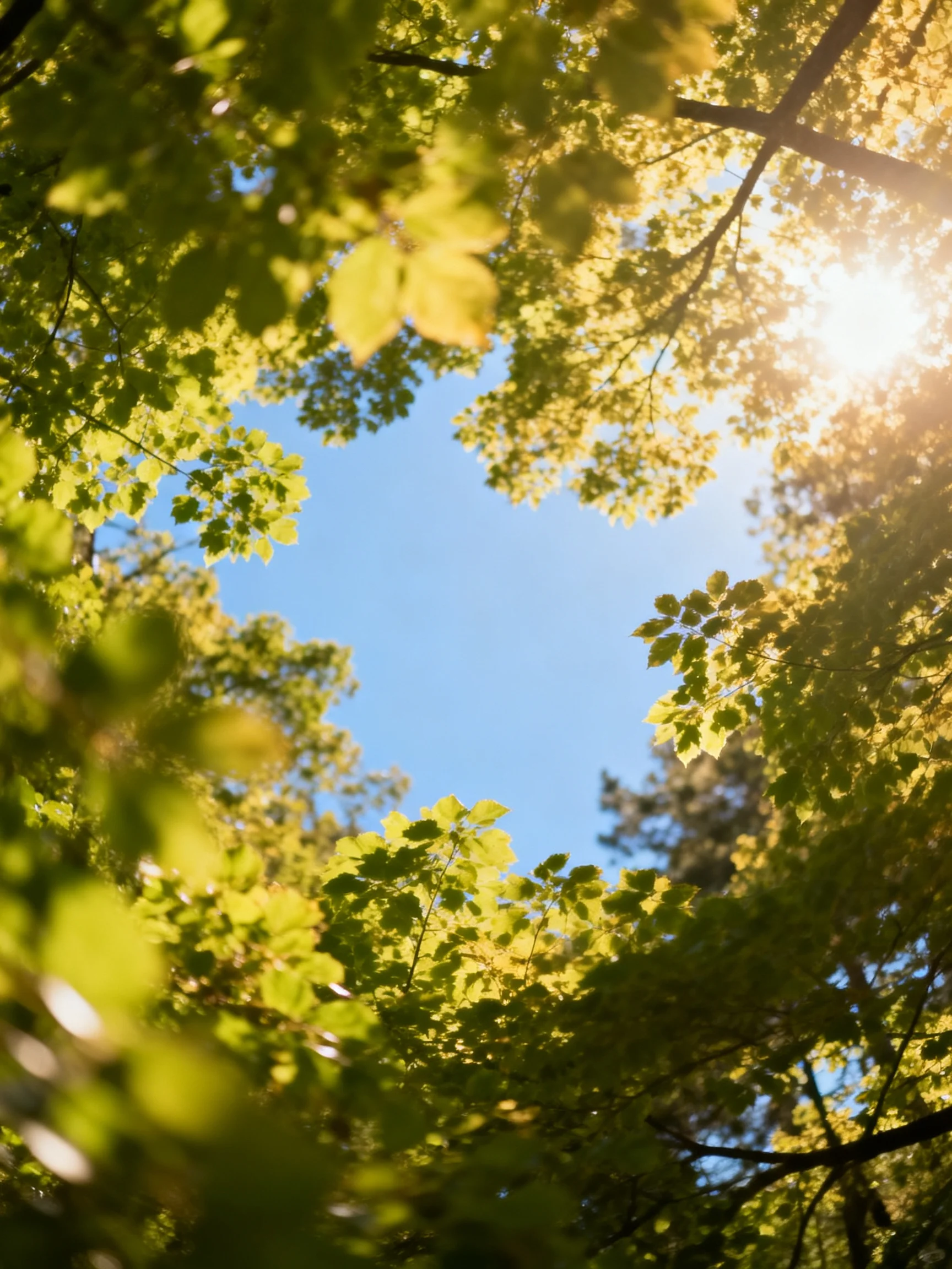 Sunlight Shines Through Dense Green Foliage With Clear Blue Sky