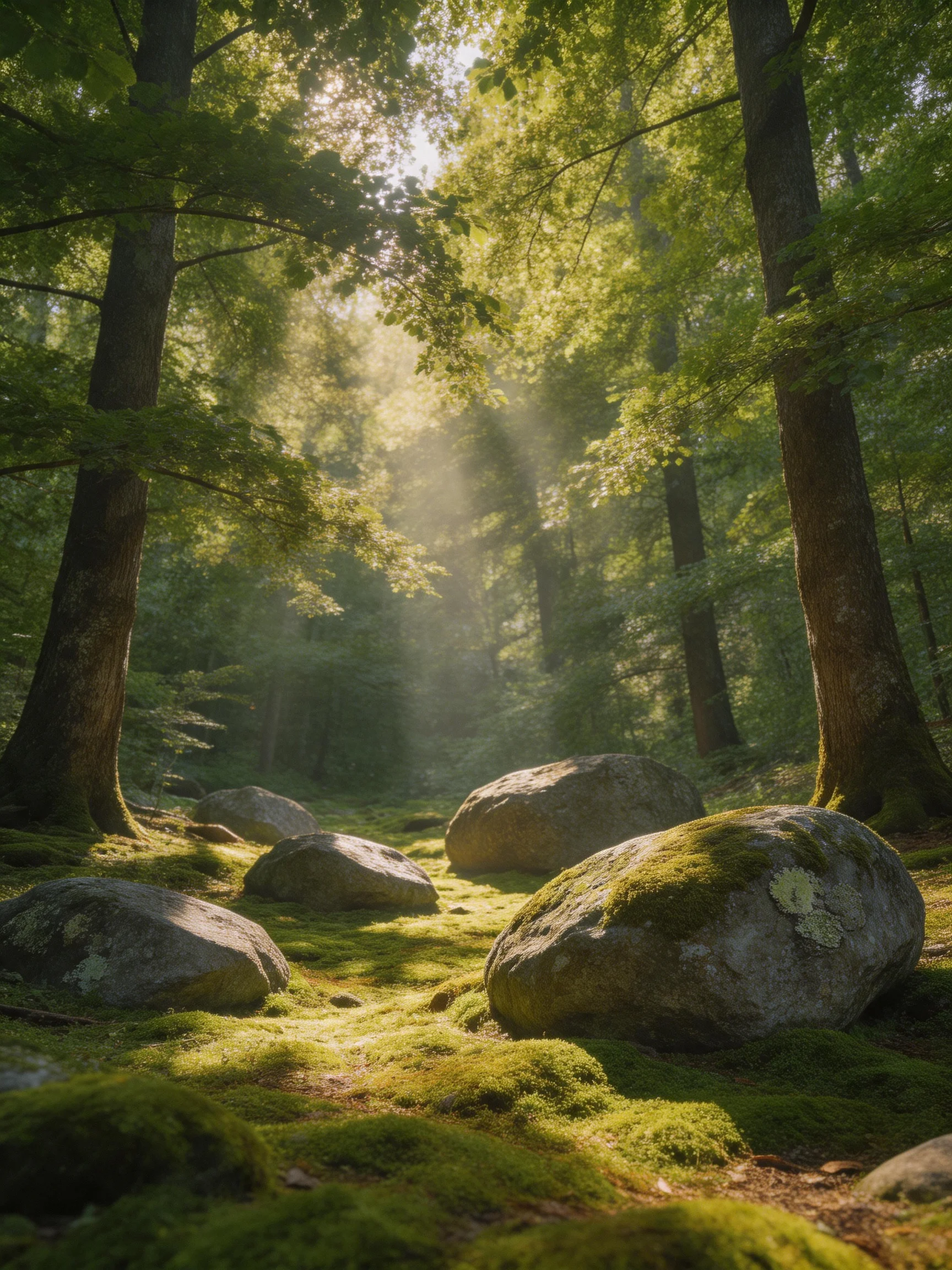 Sunlight Streams Over Moss-Covered Boulders in a Dense Forest