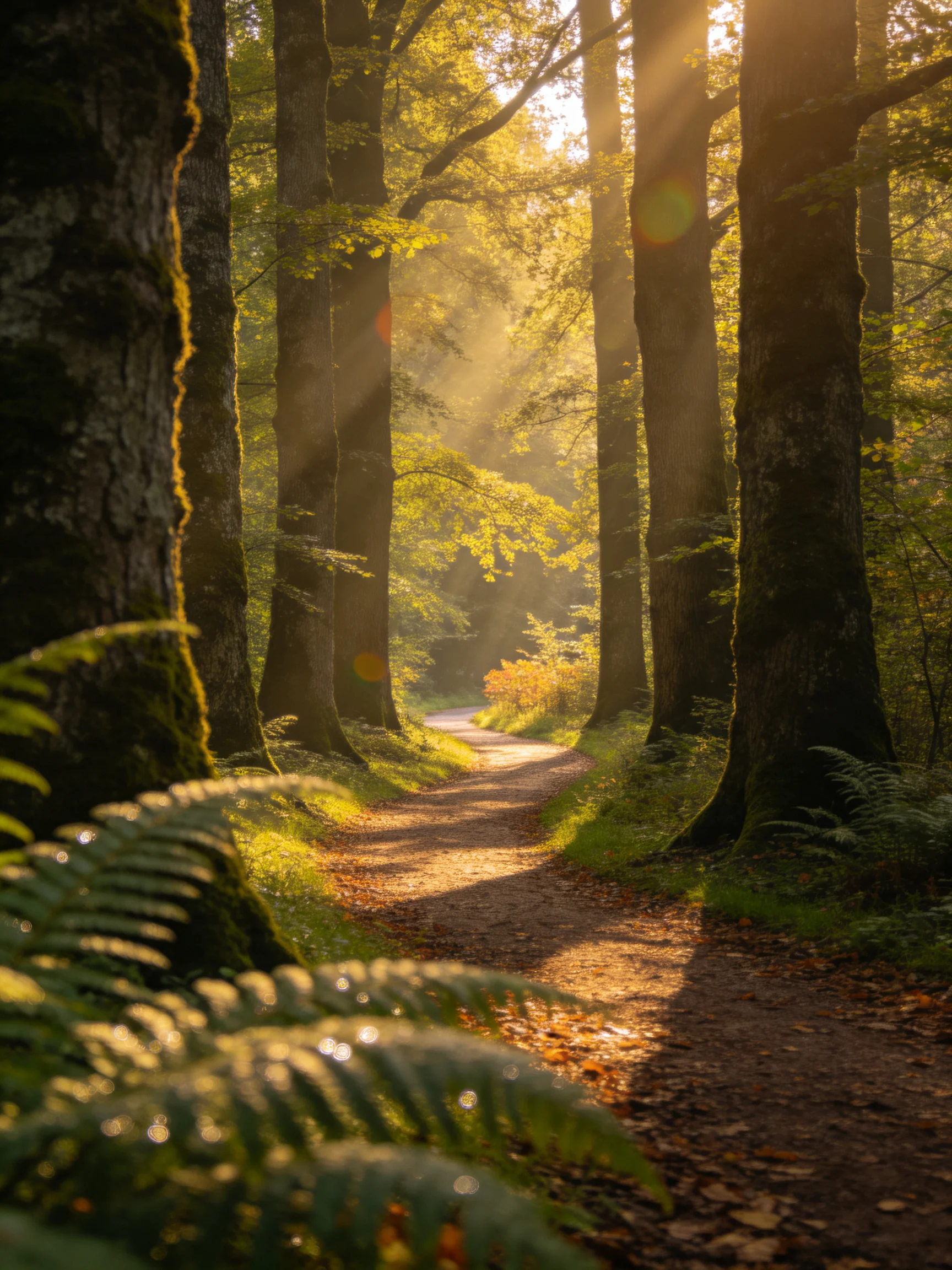 Sunlight Streams Through Ancient Trees Along a Dappled Forest Path