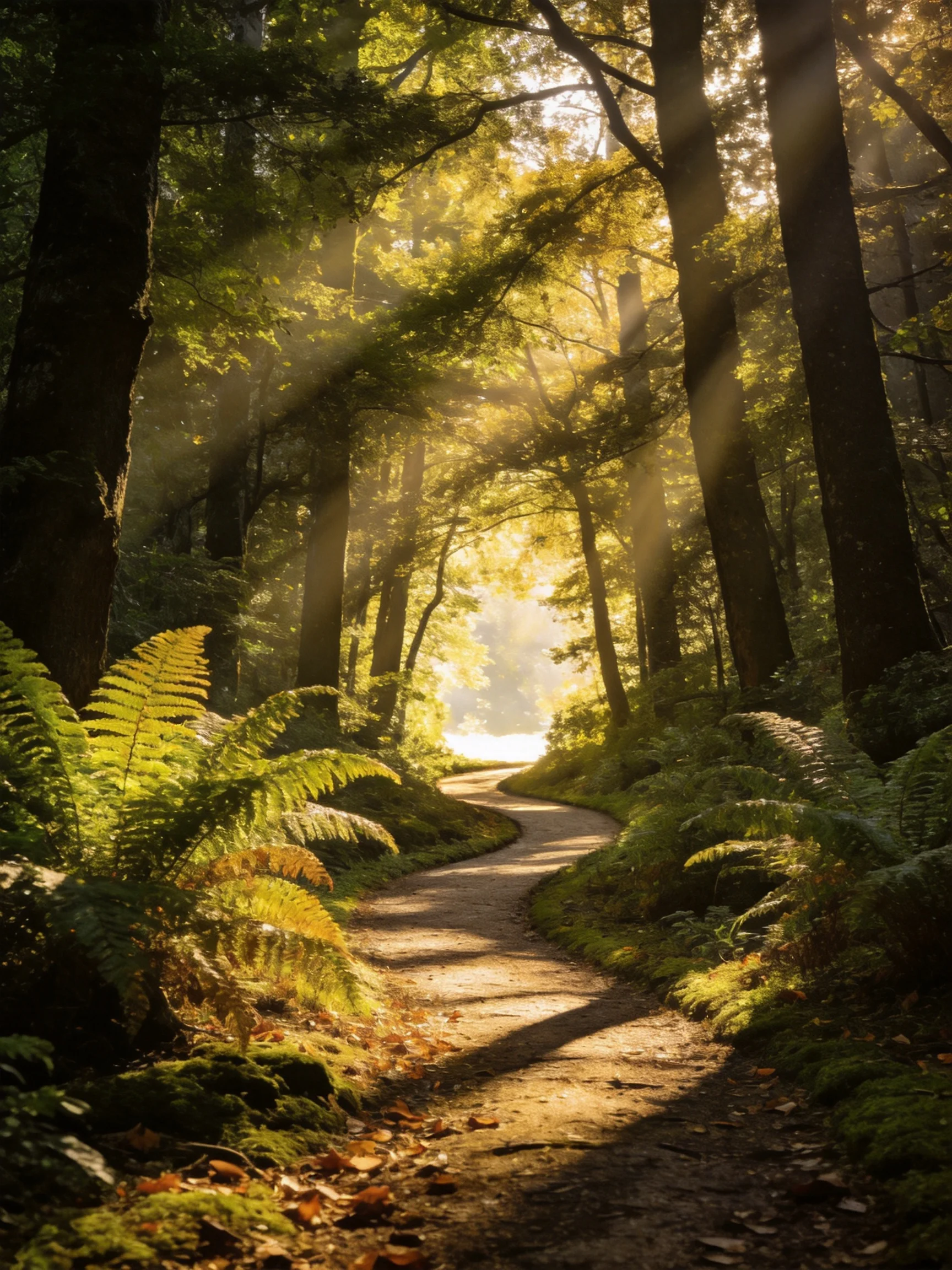 Sunlight Streams Through Dense Forest Along a Curved Dirt Trail