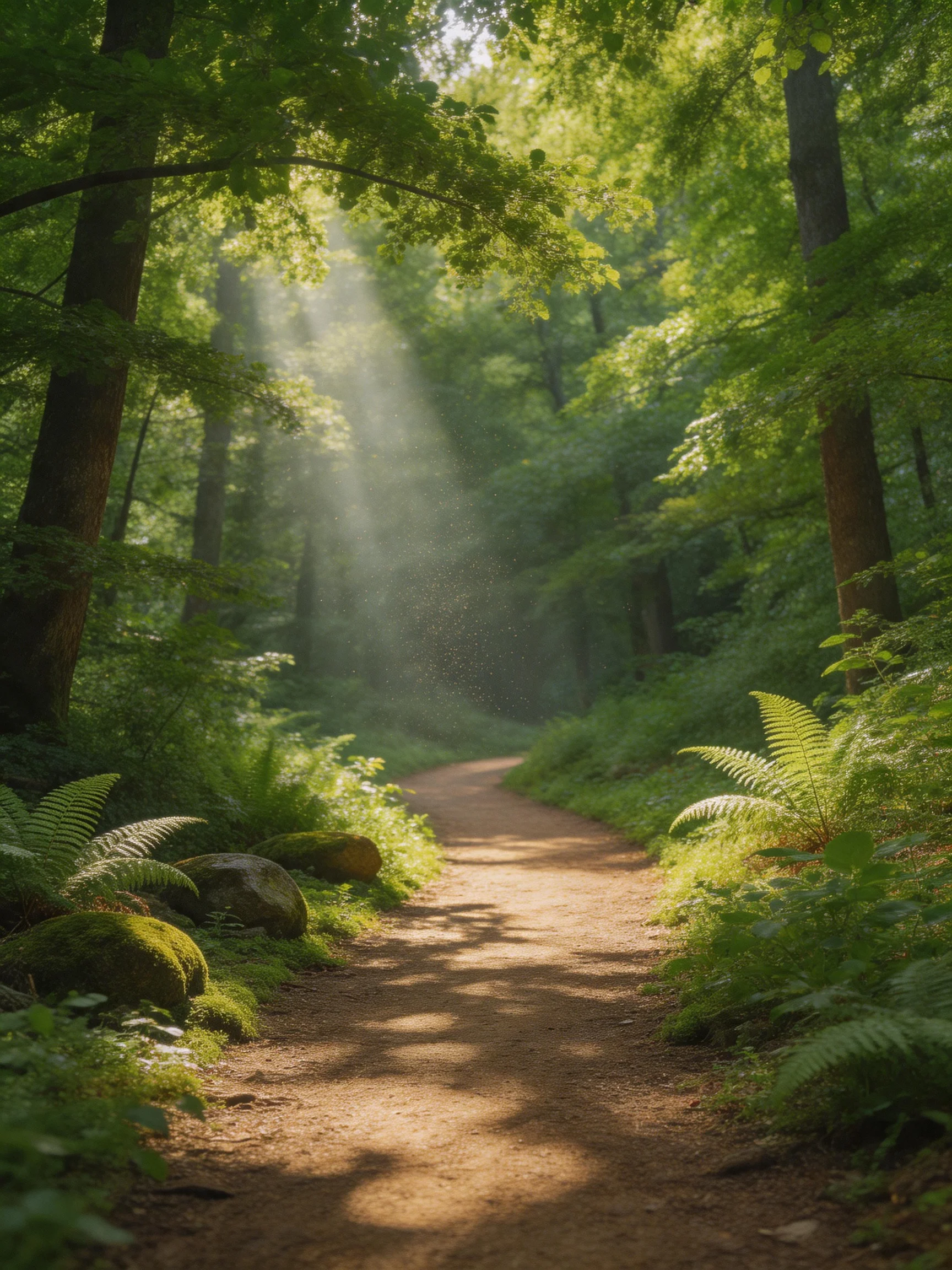 Sunlight Streams Through Lush Green Forest Pathway