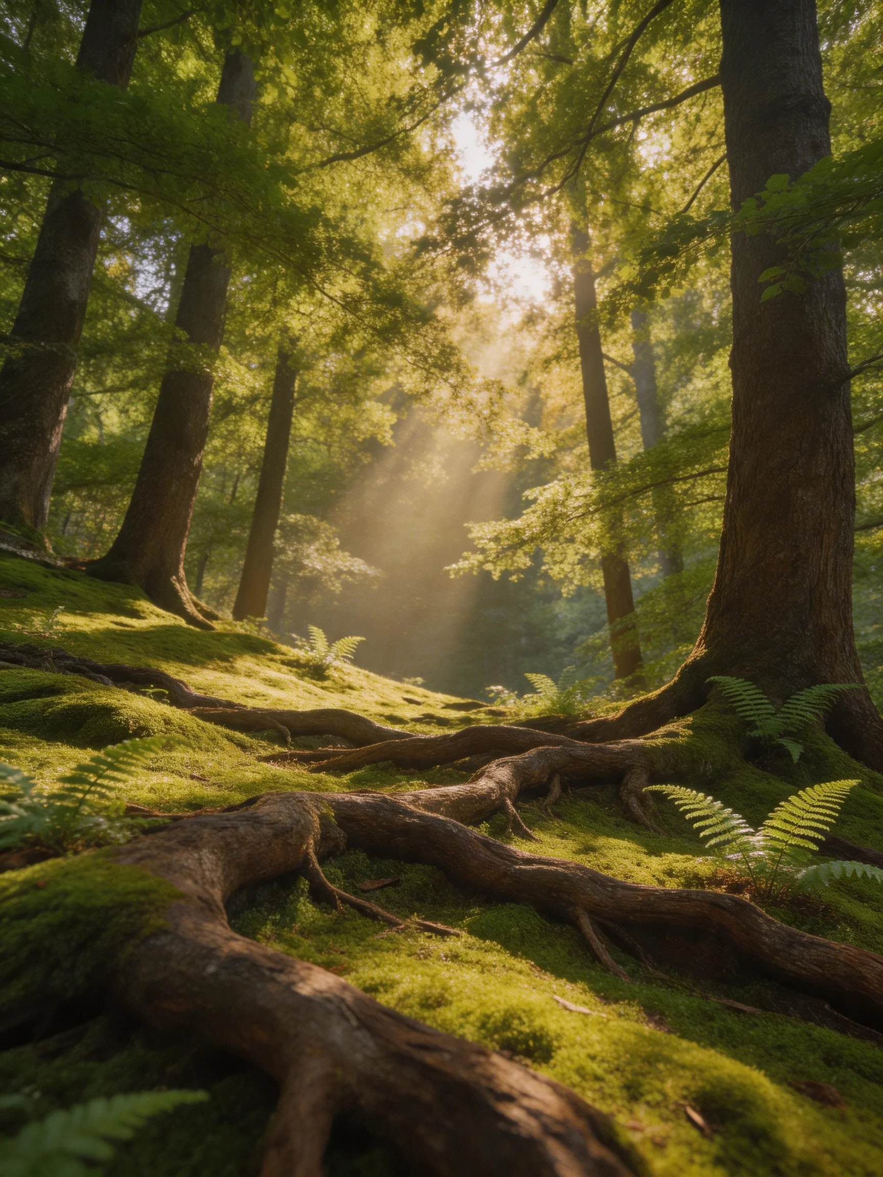 Sunlight Streams Through Moss-Covered Forest Trees