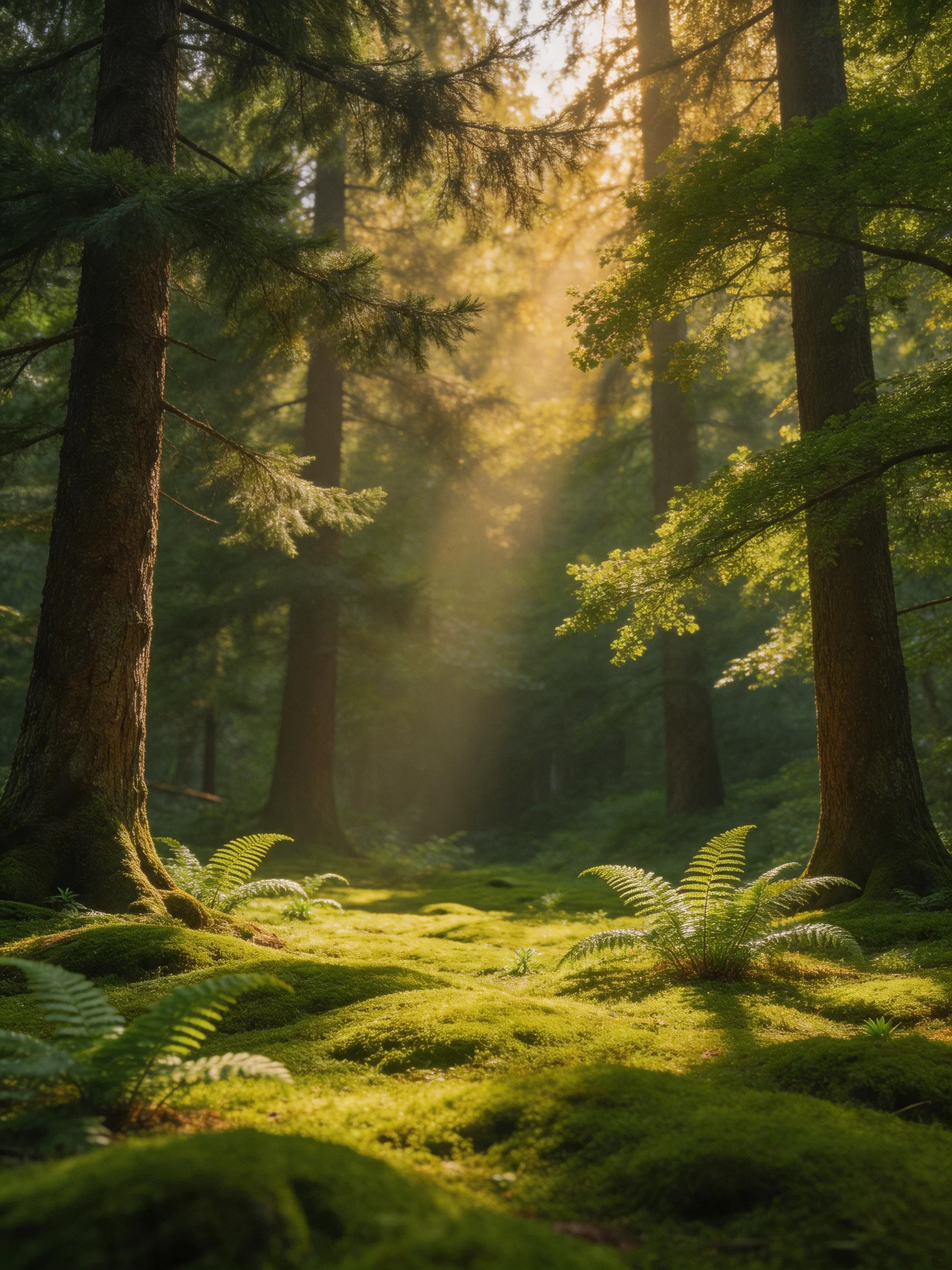 Sunlight Streams Through Moss-Covered Forest With Tall Trees