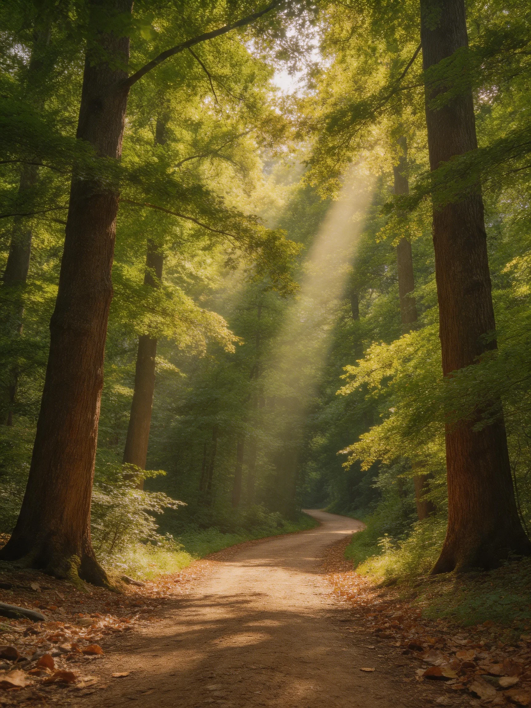 Sunlight Streams Through Tall Green Trees Along a Winding Dirt Path