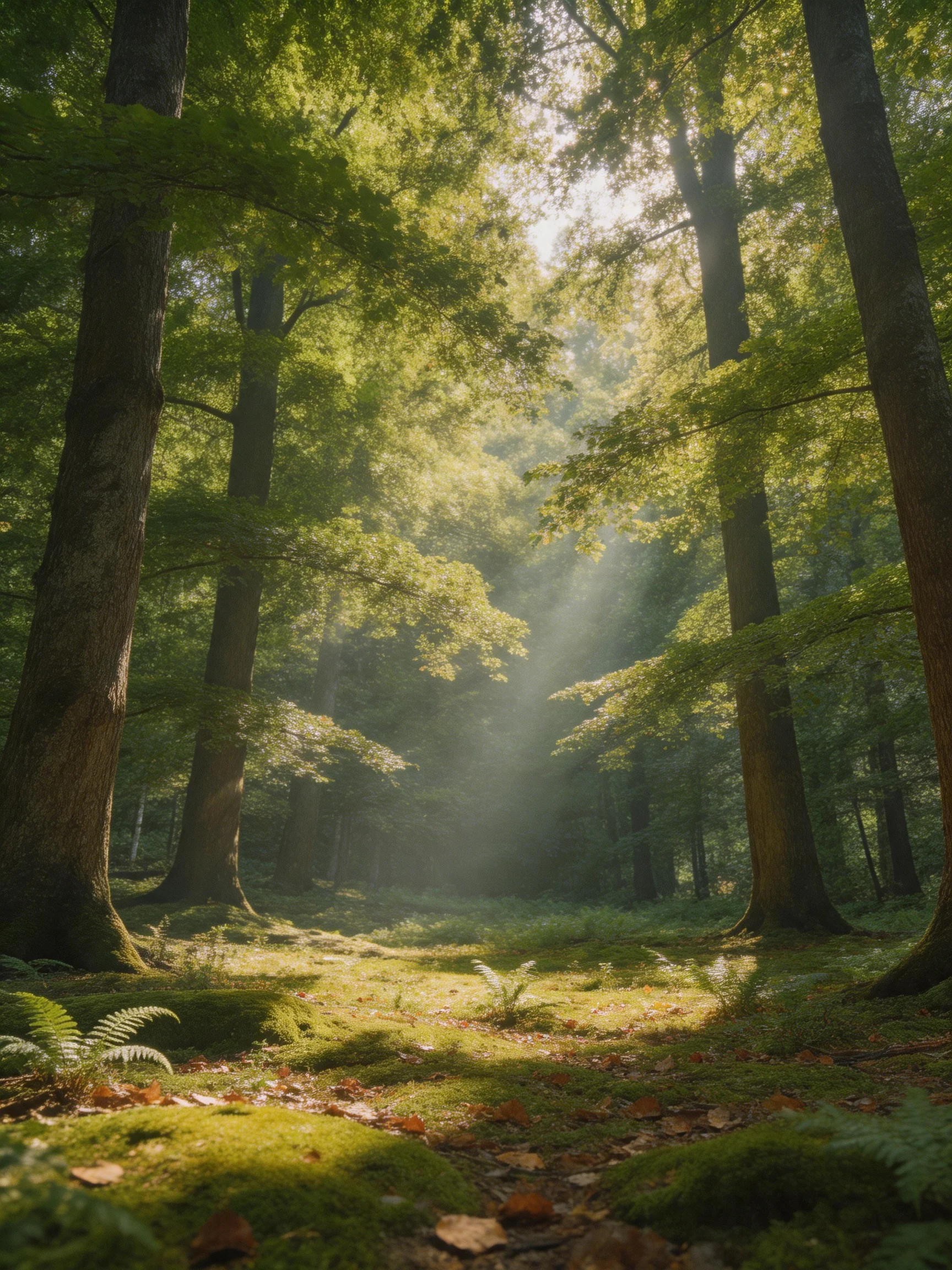 Sunlight Streams Through Towering Green Trees in a Lush Forest