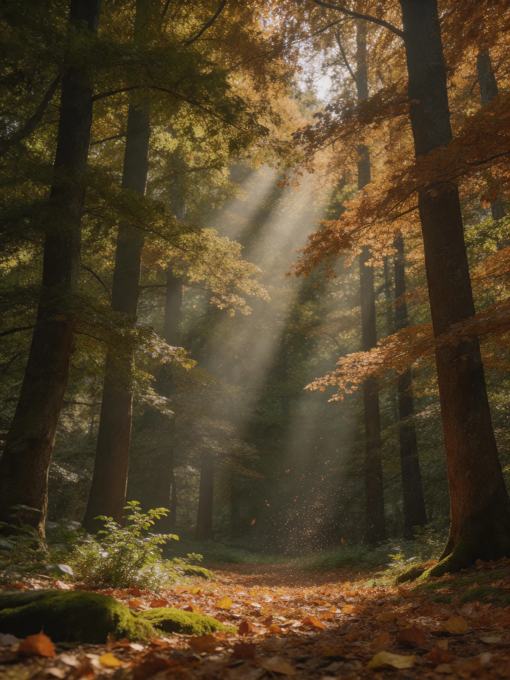 Sunlight beams filter through a dense autumn forest with tall trees and fallen foliage.
