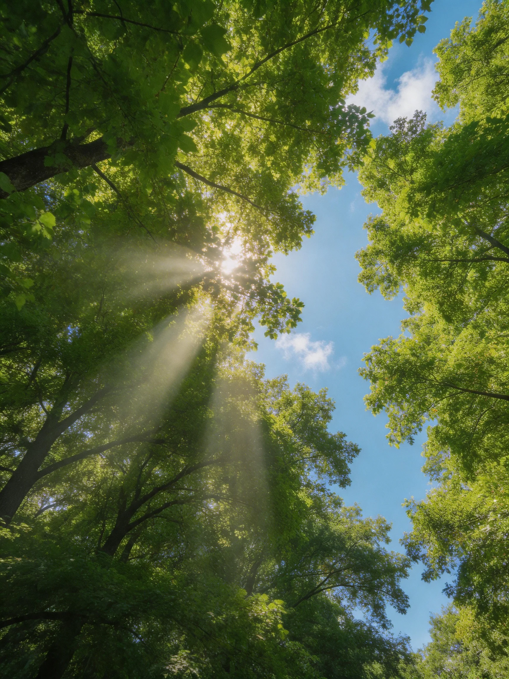 Sunlight beams filter through dense green foliage onto bright blue sky