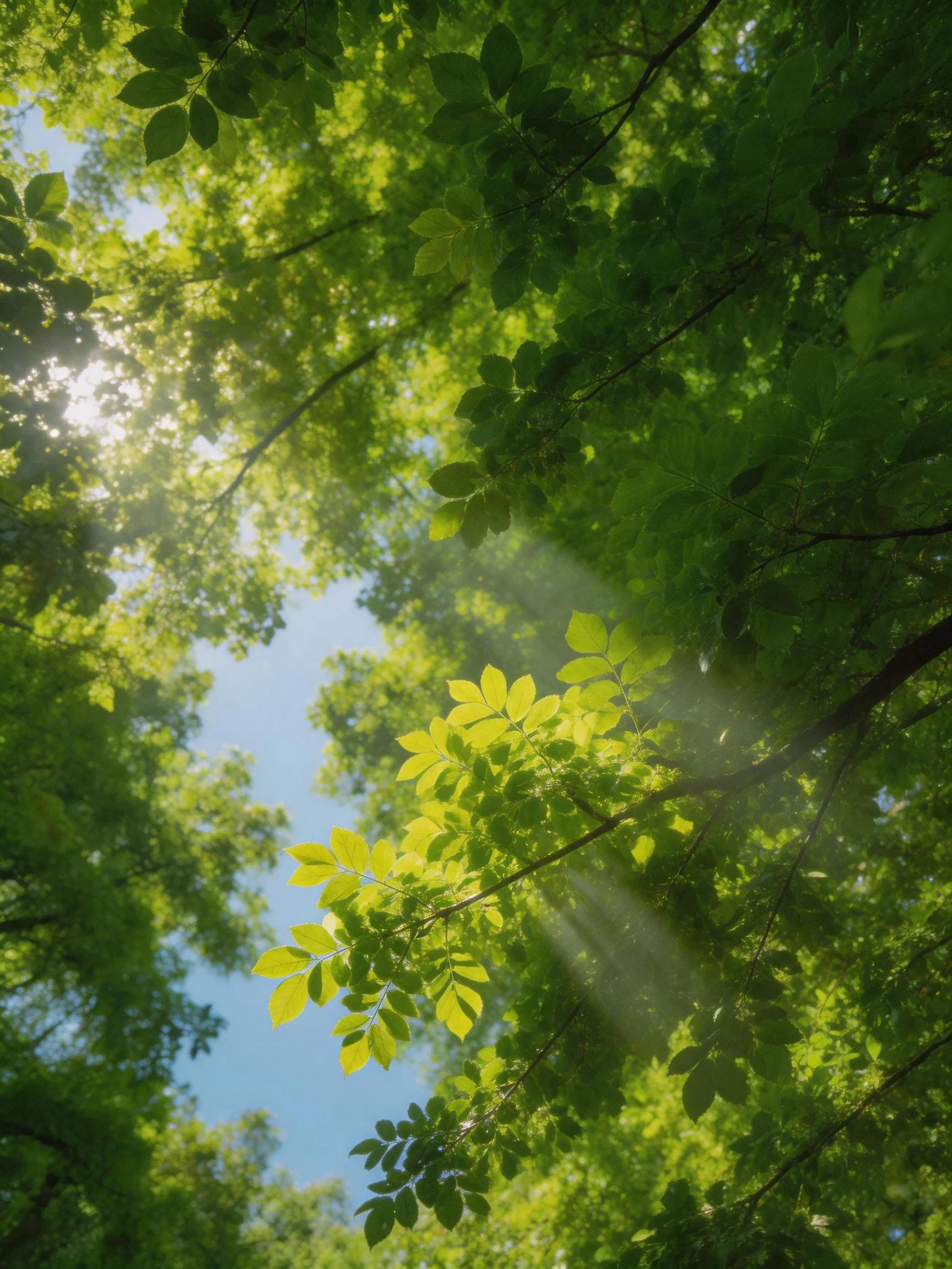 Sunlight beams filter through lush green foliage with blue sky
