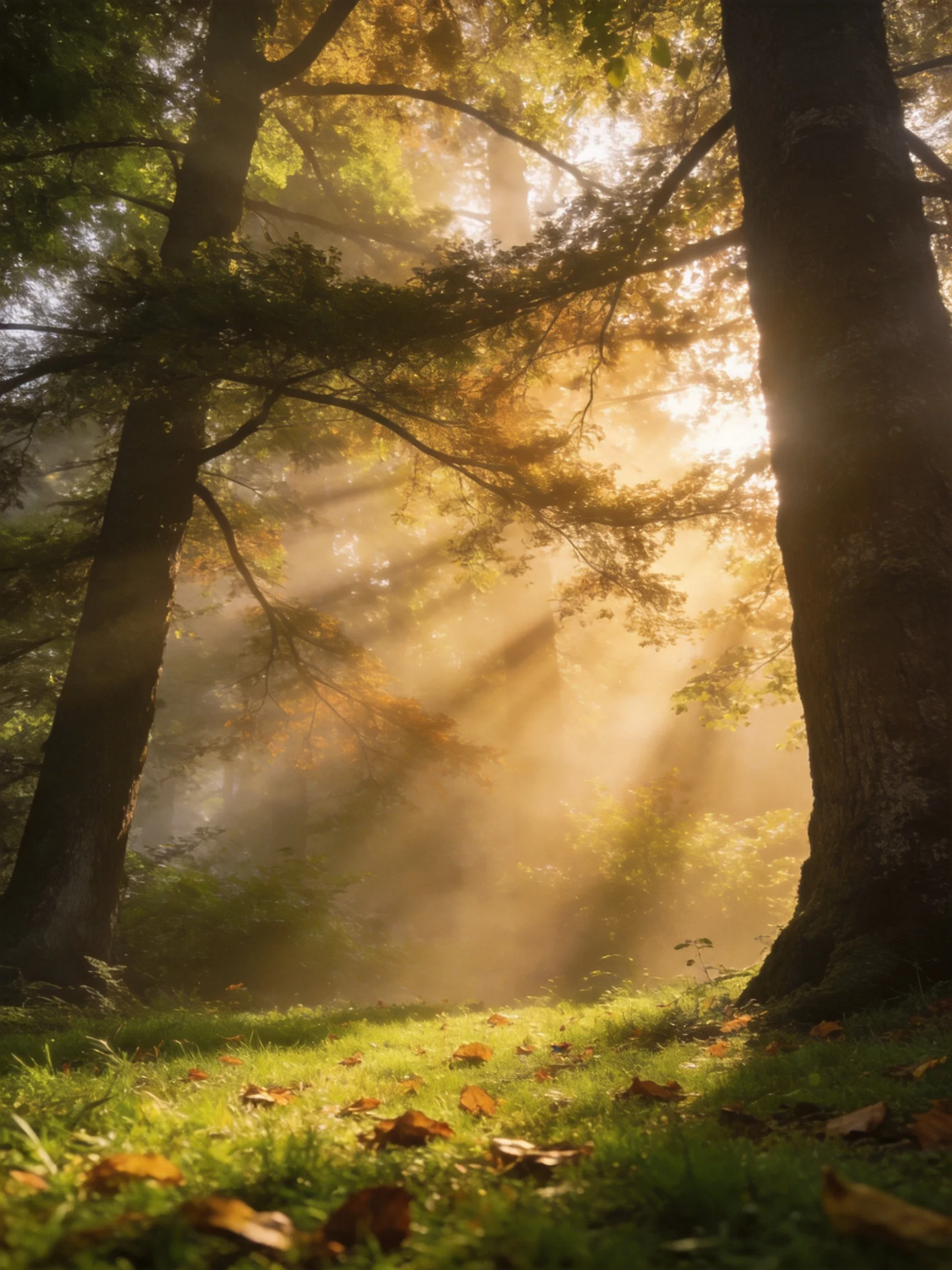 Sunlight beams filter through towering trees in a misty forest with golden hues.
