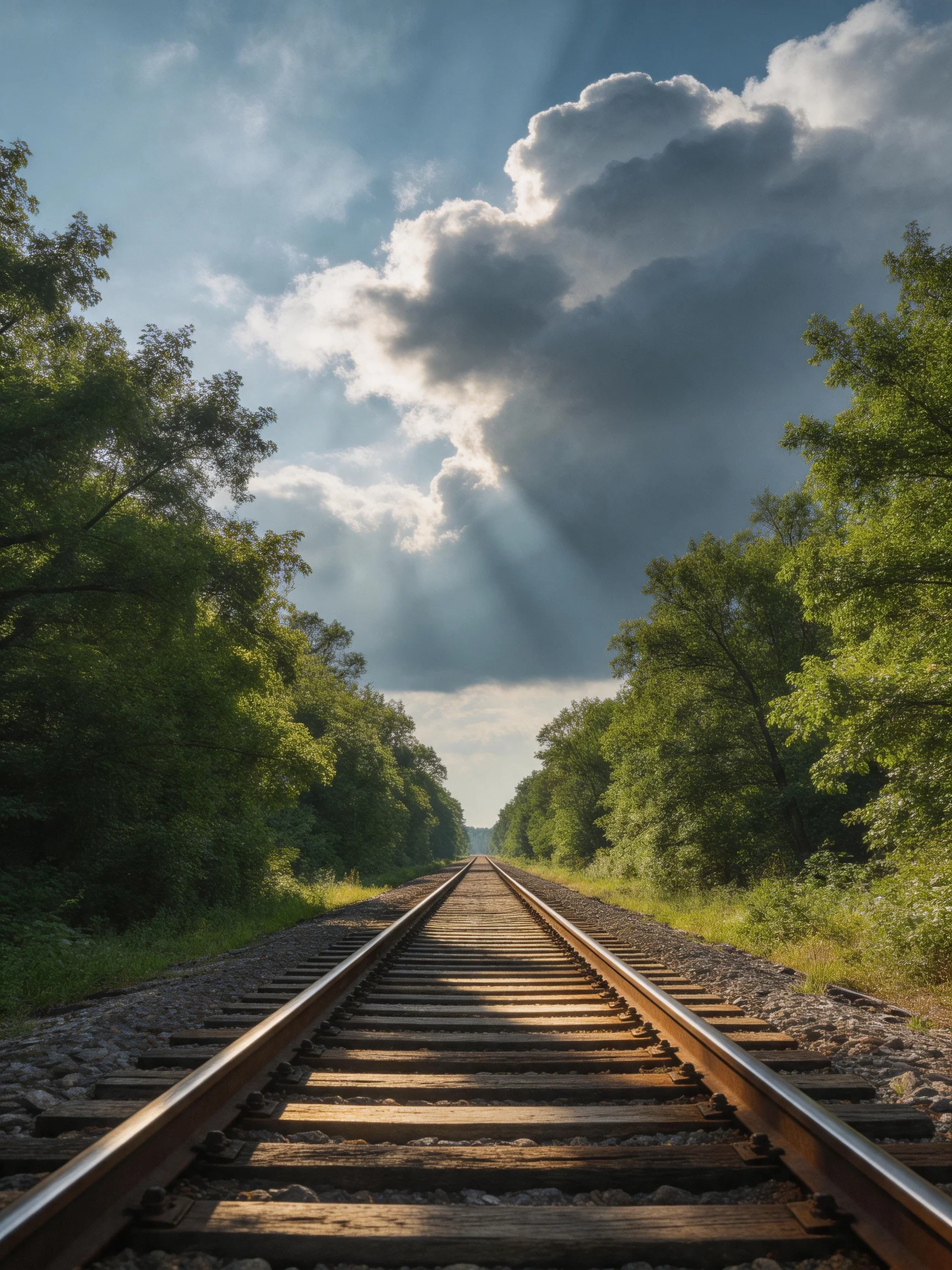 Sunlight beams over railroad tracks bordered by lush green foliage and cloudy sky