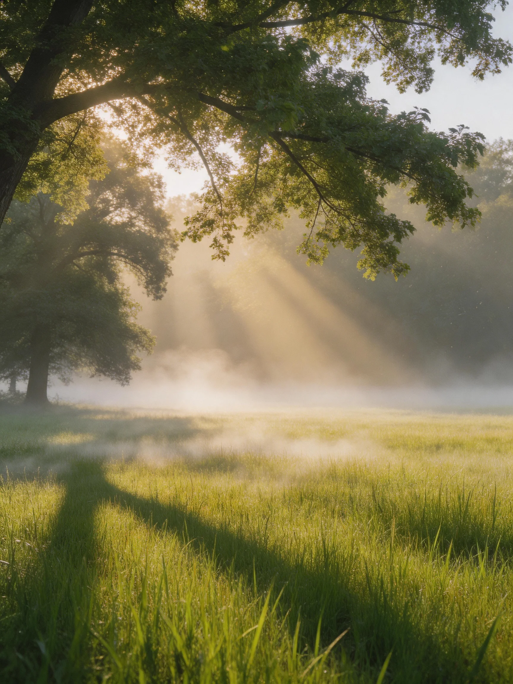 Sunlight beams through foggy meadow with tall green grass and large trees