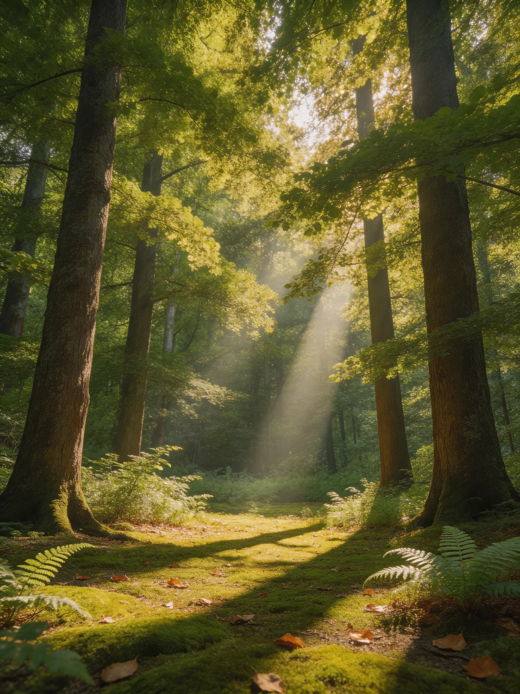 Sunlight beams through tall trees in a moss-laden forest