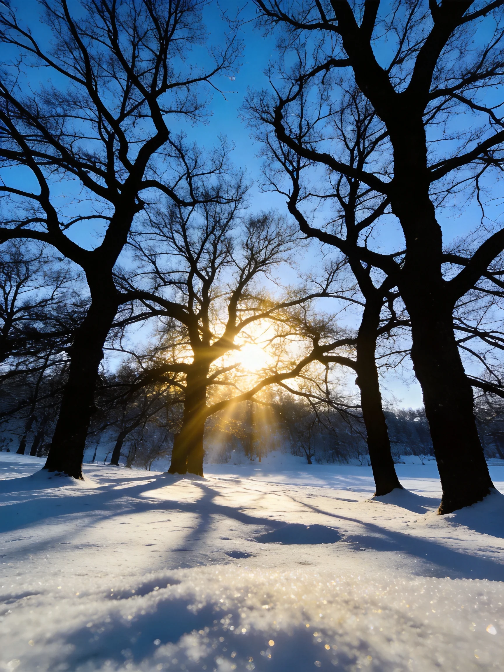 Sunlight filtering through bare winter trees onto snow - covered ground