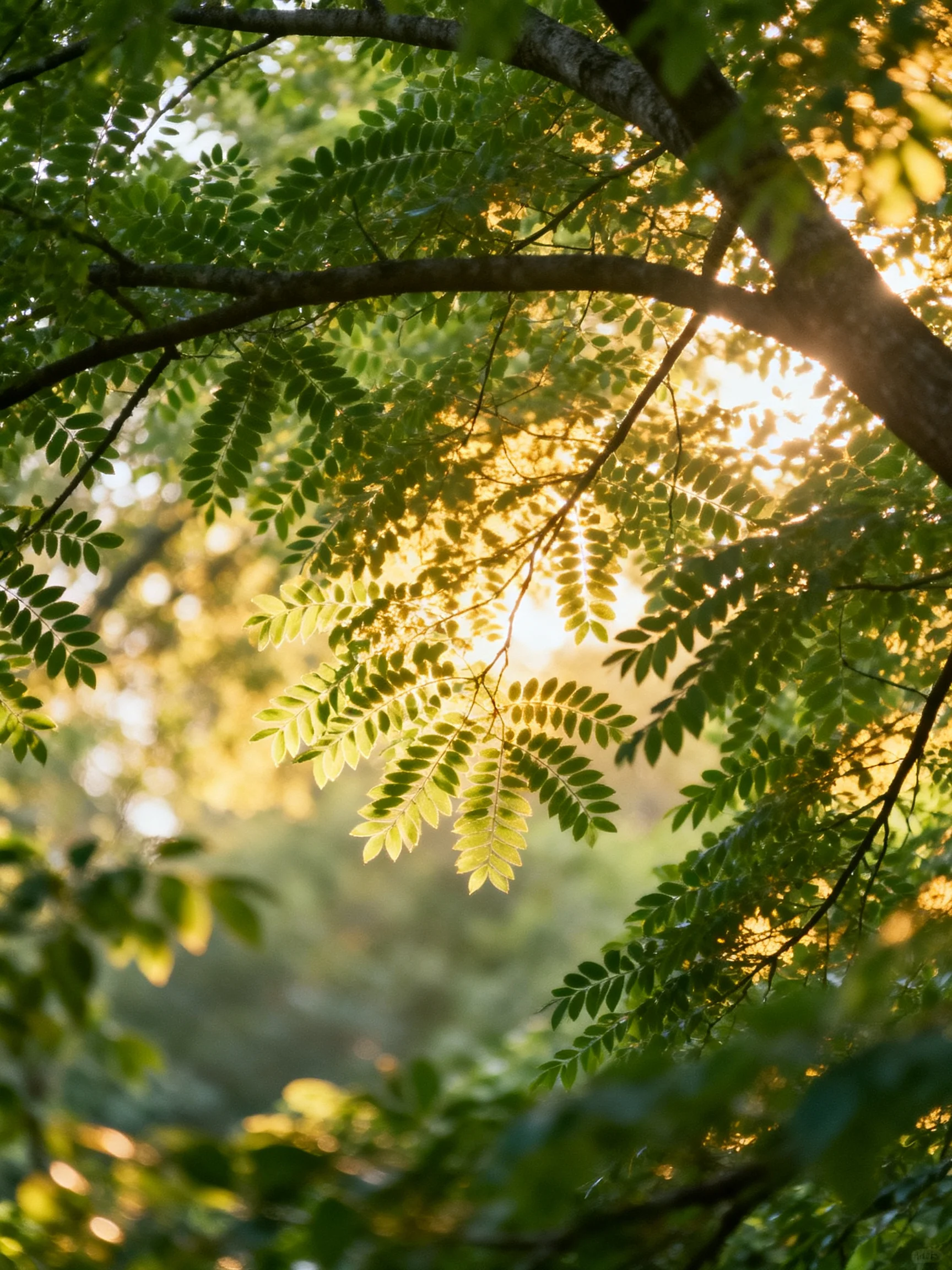 Sunlight filtering through dense green foliage and tree branches