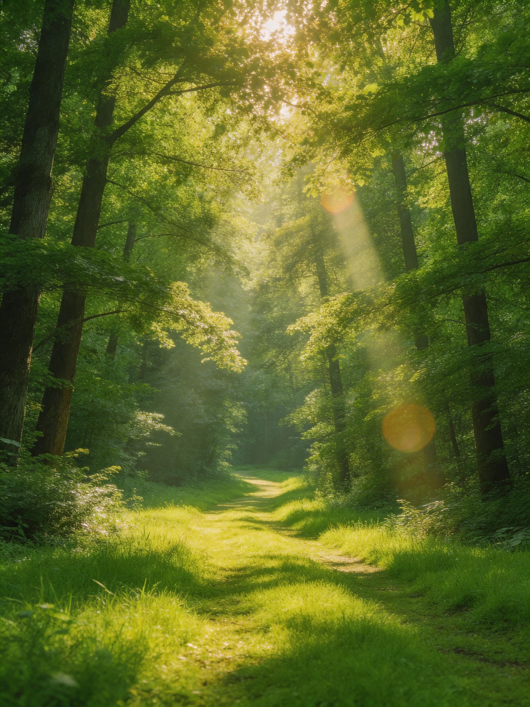 Sunlight filtering through lush greenfoliage along a grassy forest path