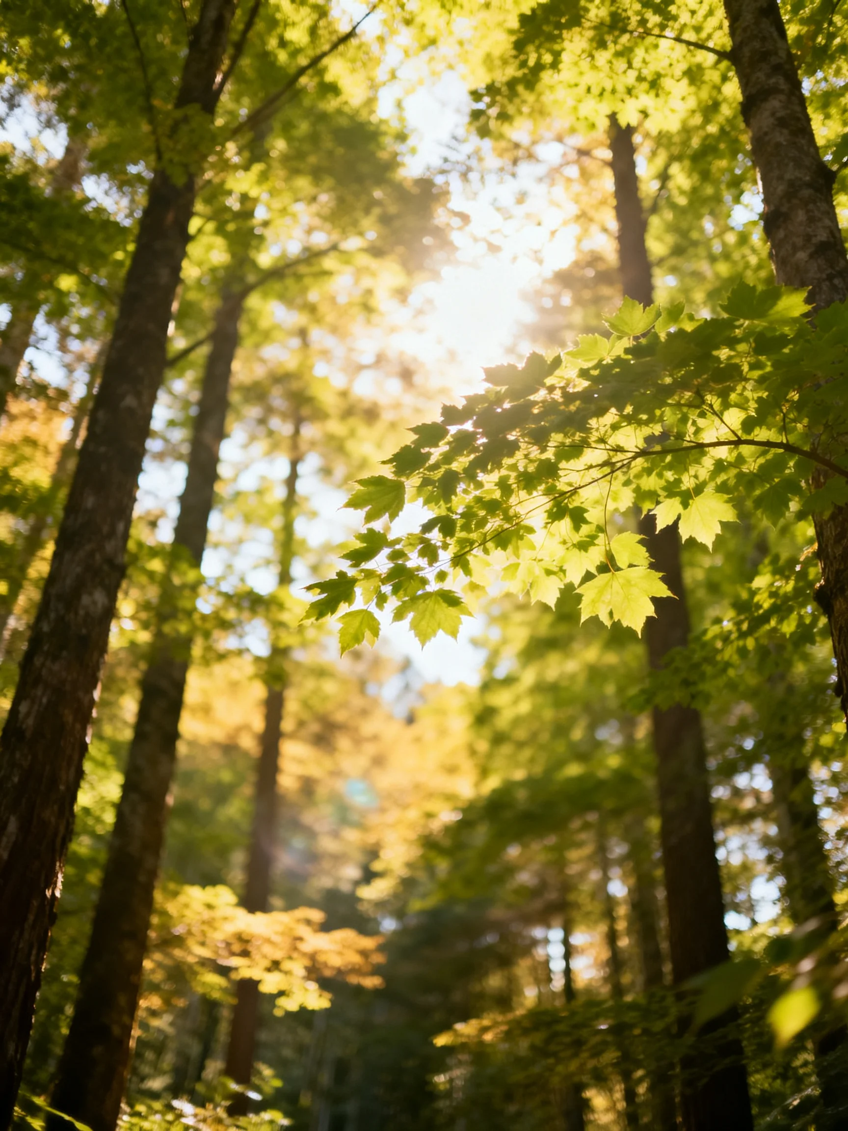 Sunlight filtering through tall green maple trees in a dense forest