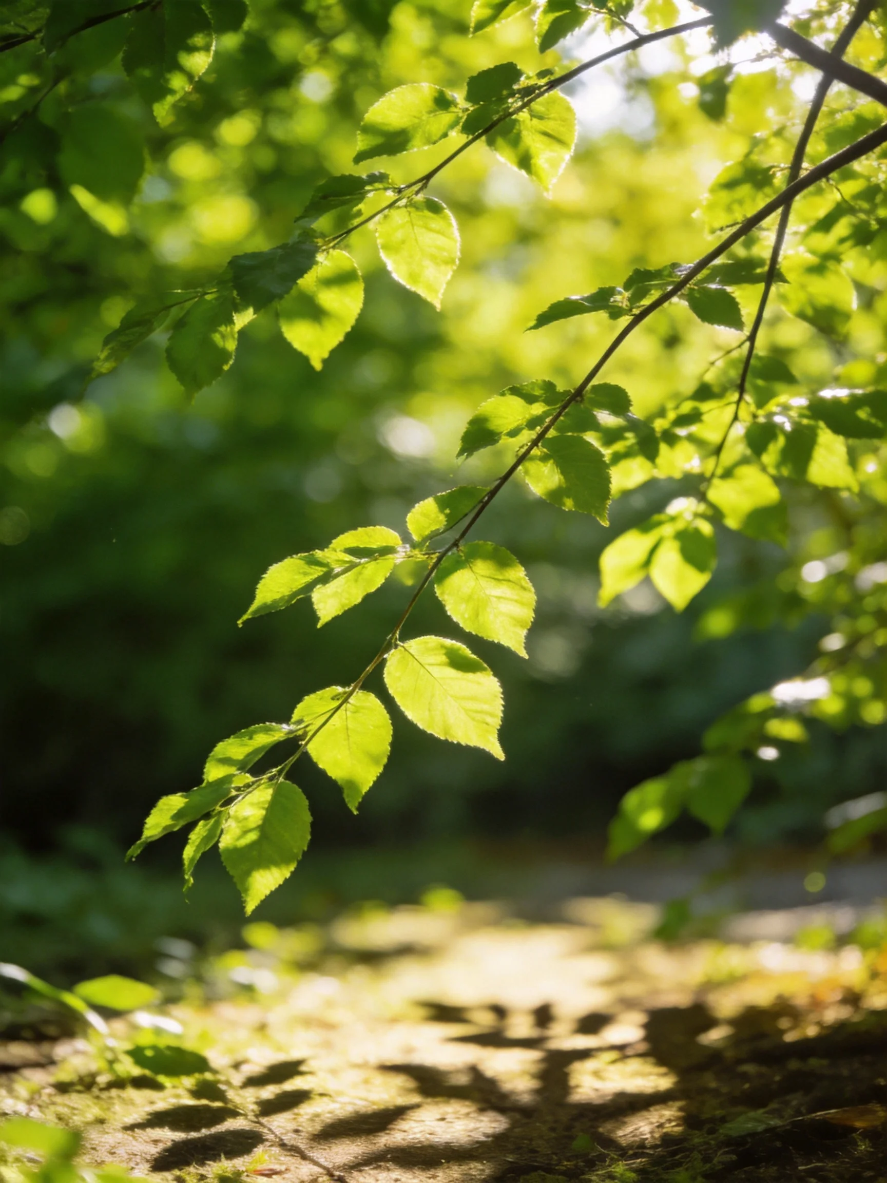 Sunlight filtering through vibrant green leaves in a lush forest