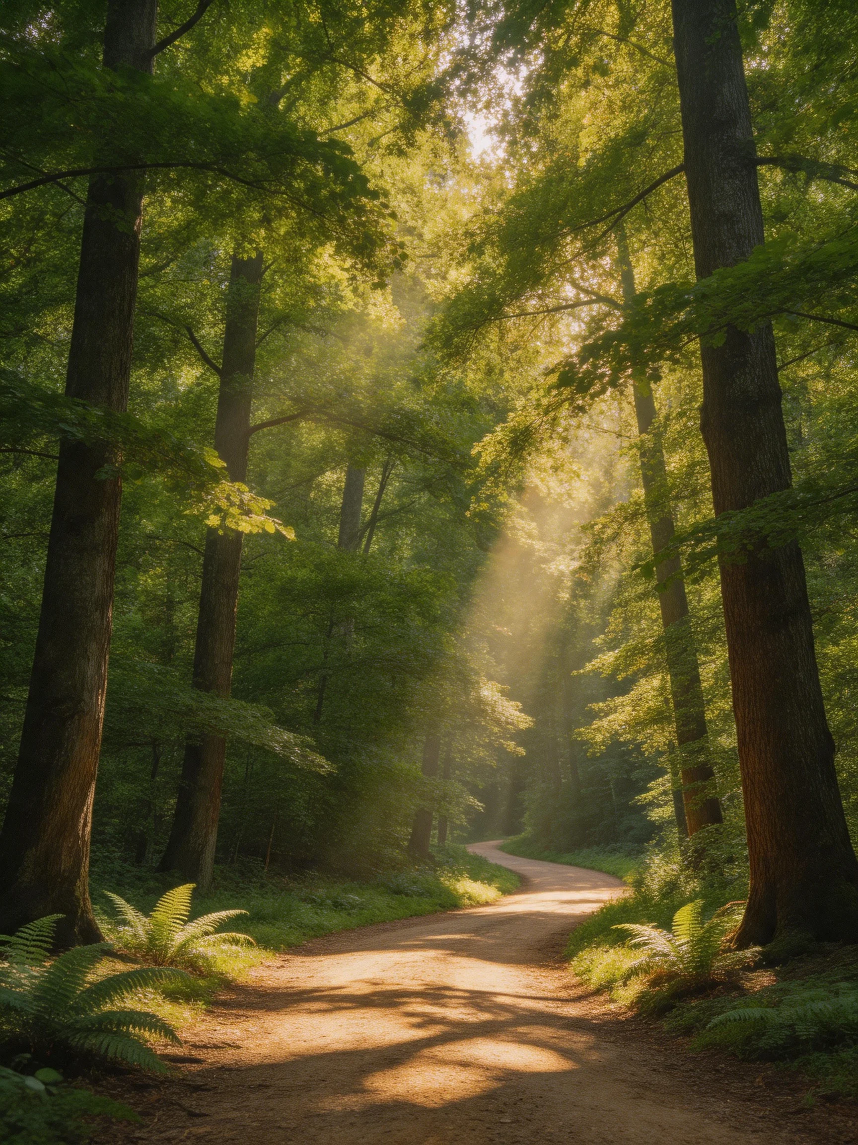 Sunlight filters through dense green forest along winding dirt trail