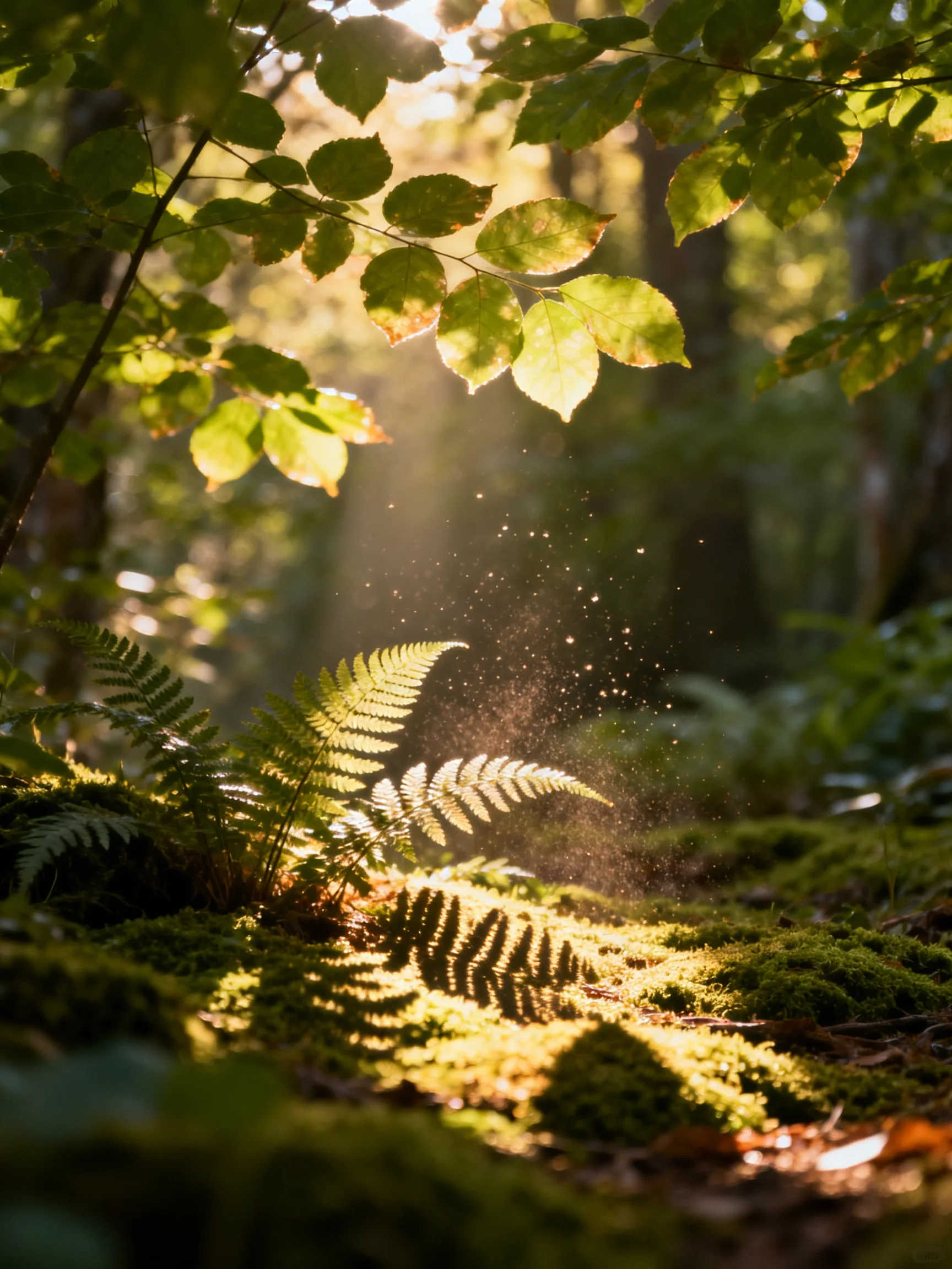 Sunlight filters through ferns and moss in a forest glade