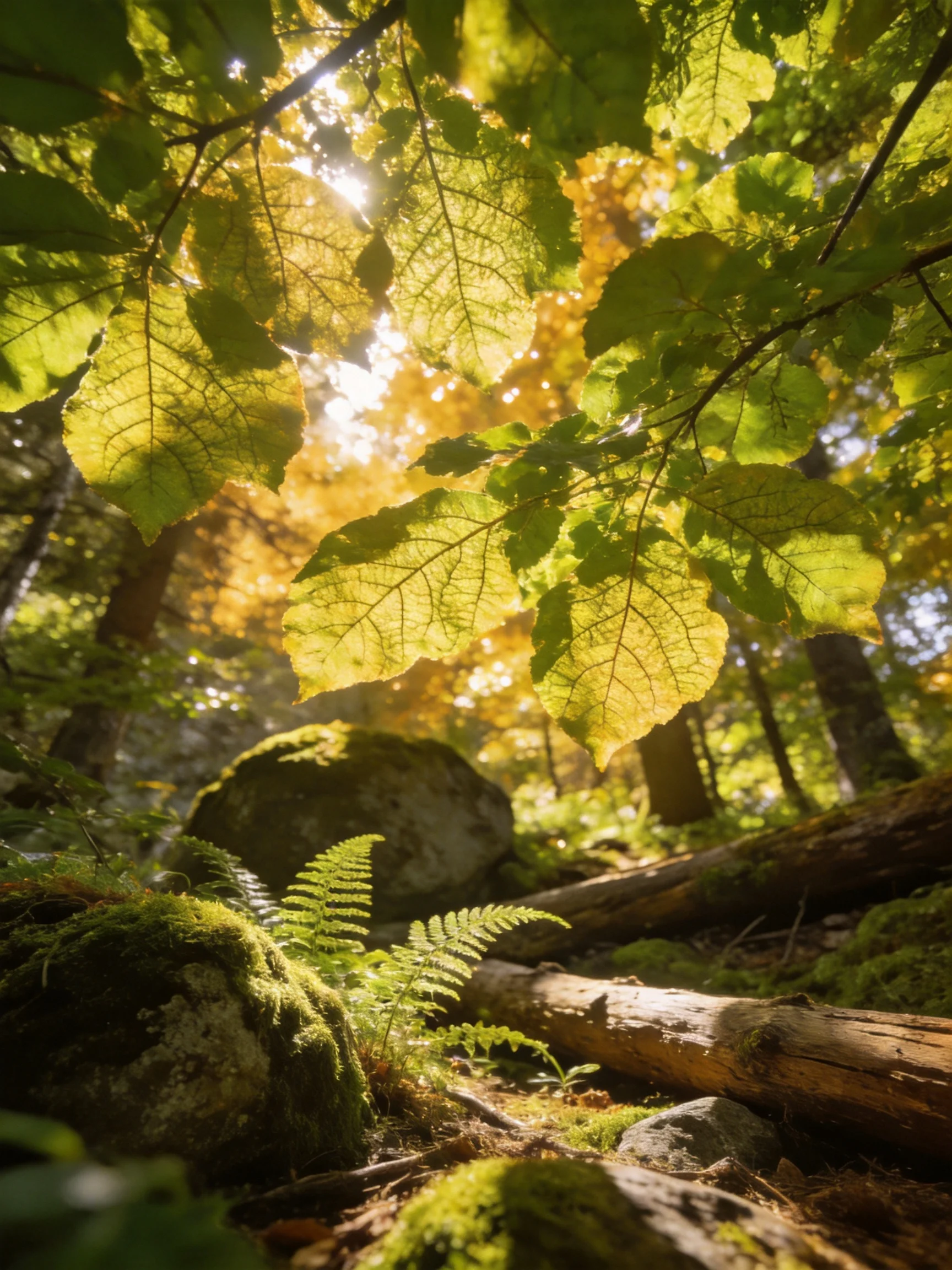 Sunlight filters through green leaves amid mossy rocks and fallen logs