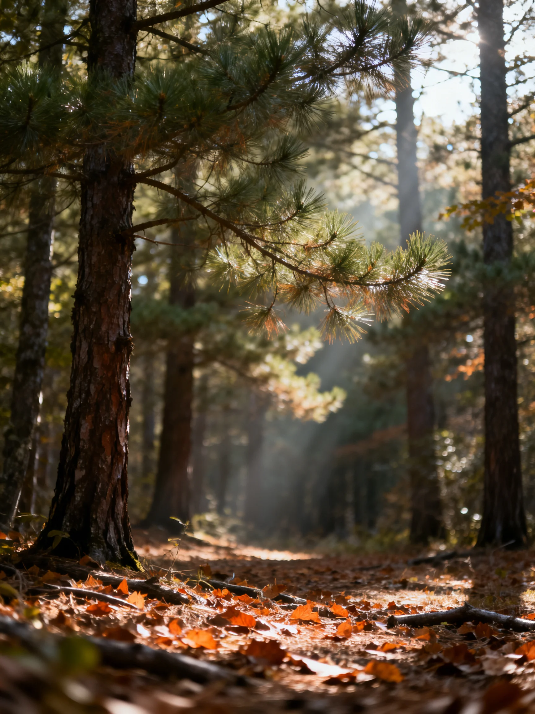 Sunlight filters through pine trees, autumn leaves scattered on forest floor
