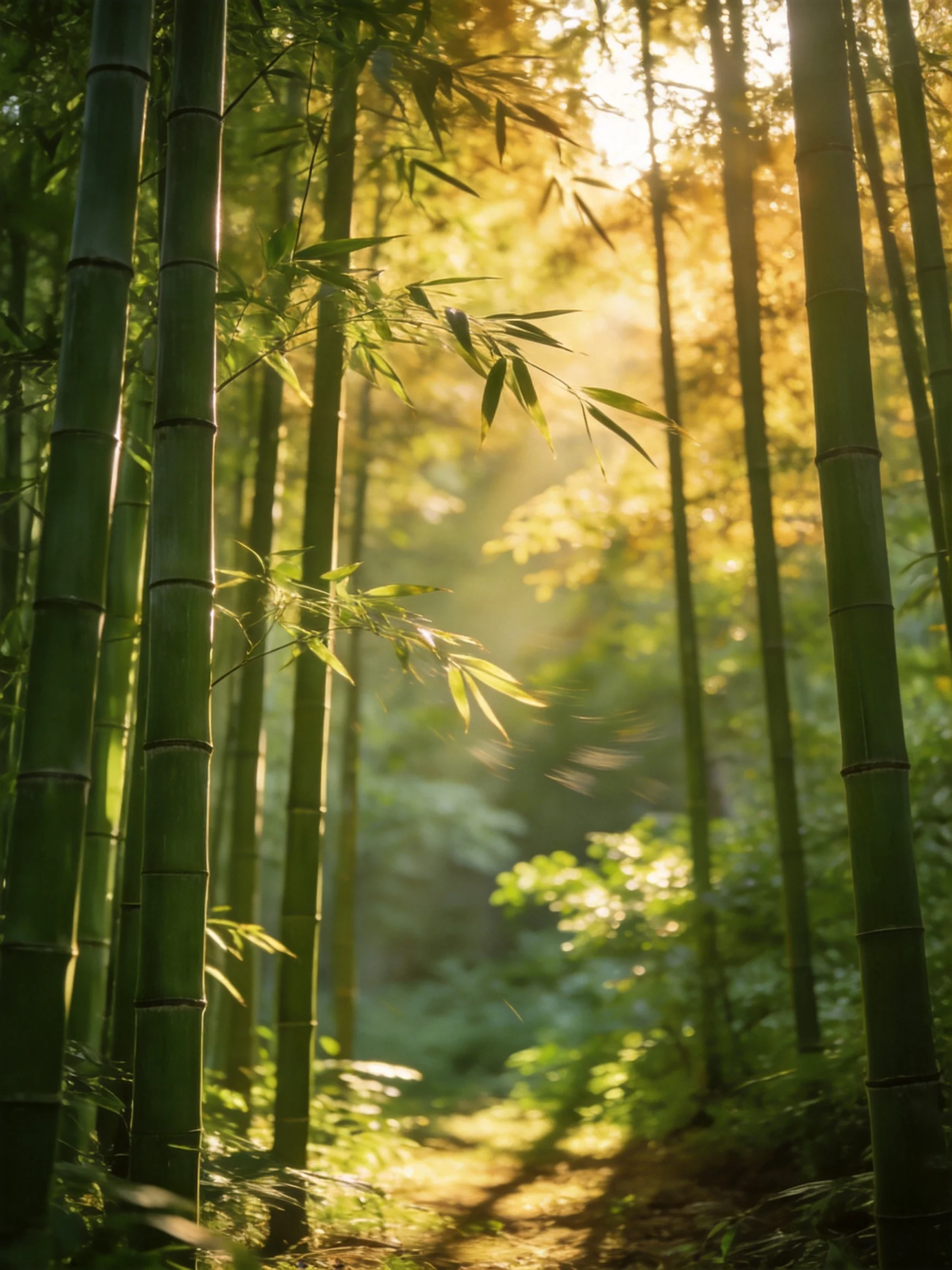 Sunlight filters through tall green bamboo stalks and foliage