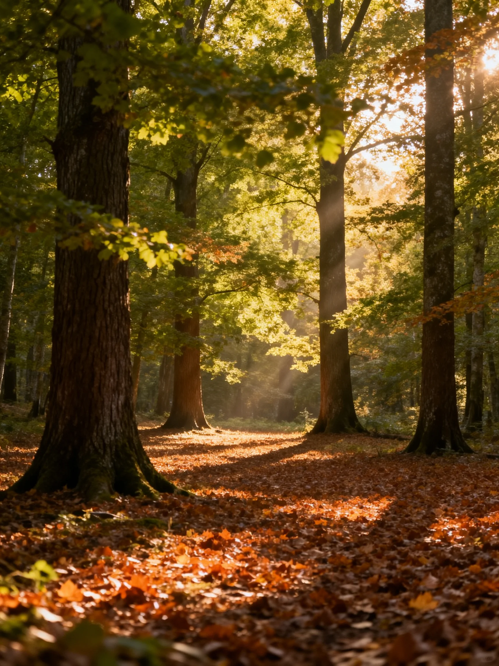 Sunlight filters through tall trees in an autumn forest