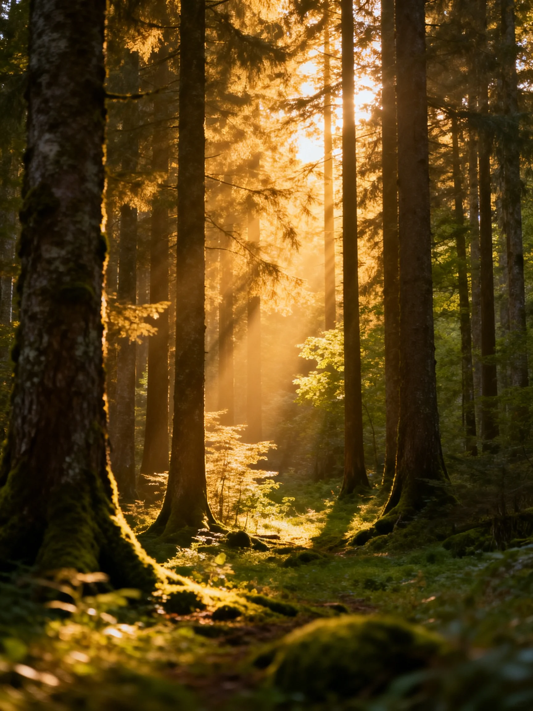 Sunlight filters through towering evergreen trees in a misty forest clearing.