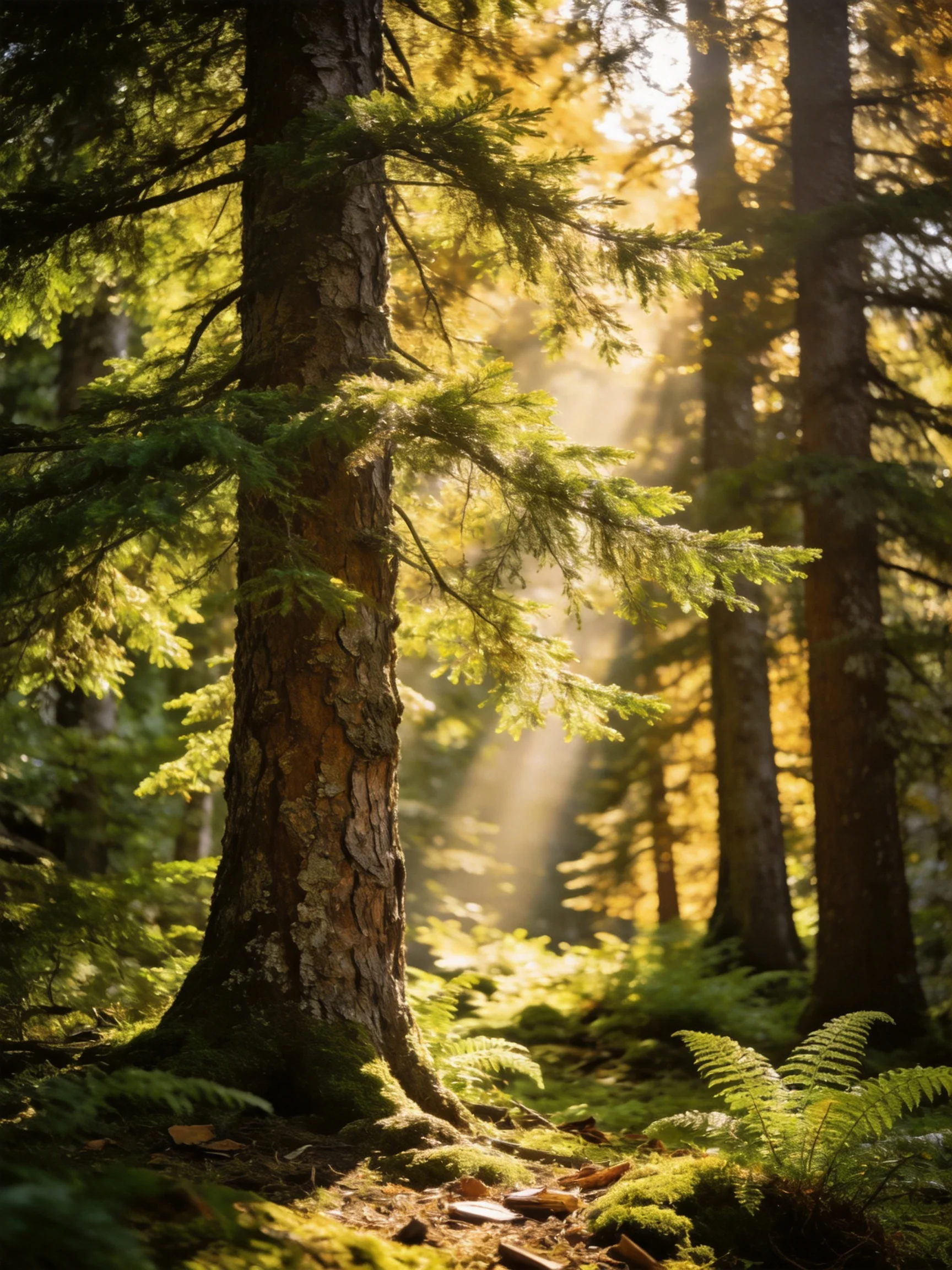 Sunlight filters through towering evergreen trees in a verdant forest
