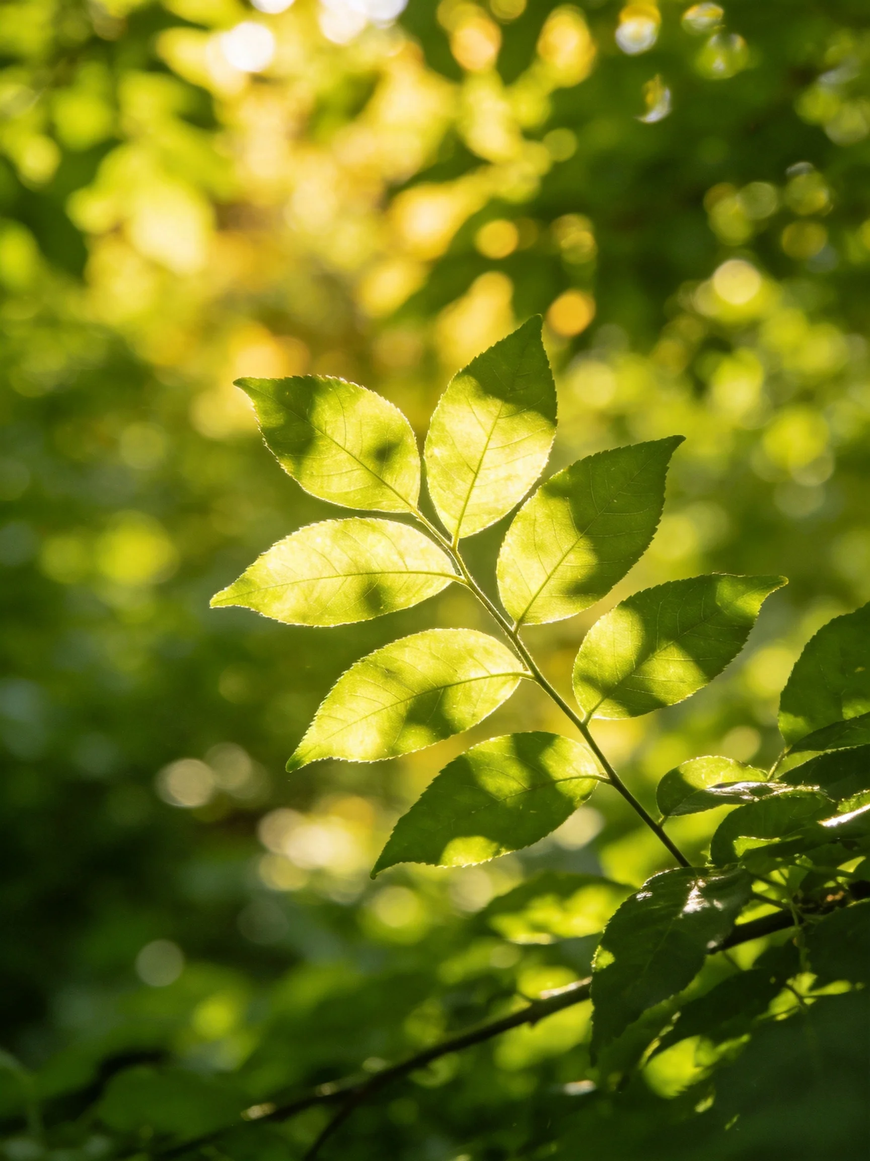 Sunlight filters through vibrant green leaves in a lush forest