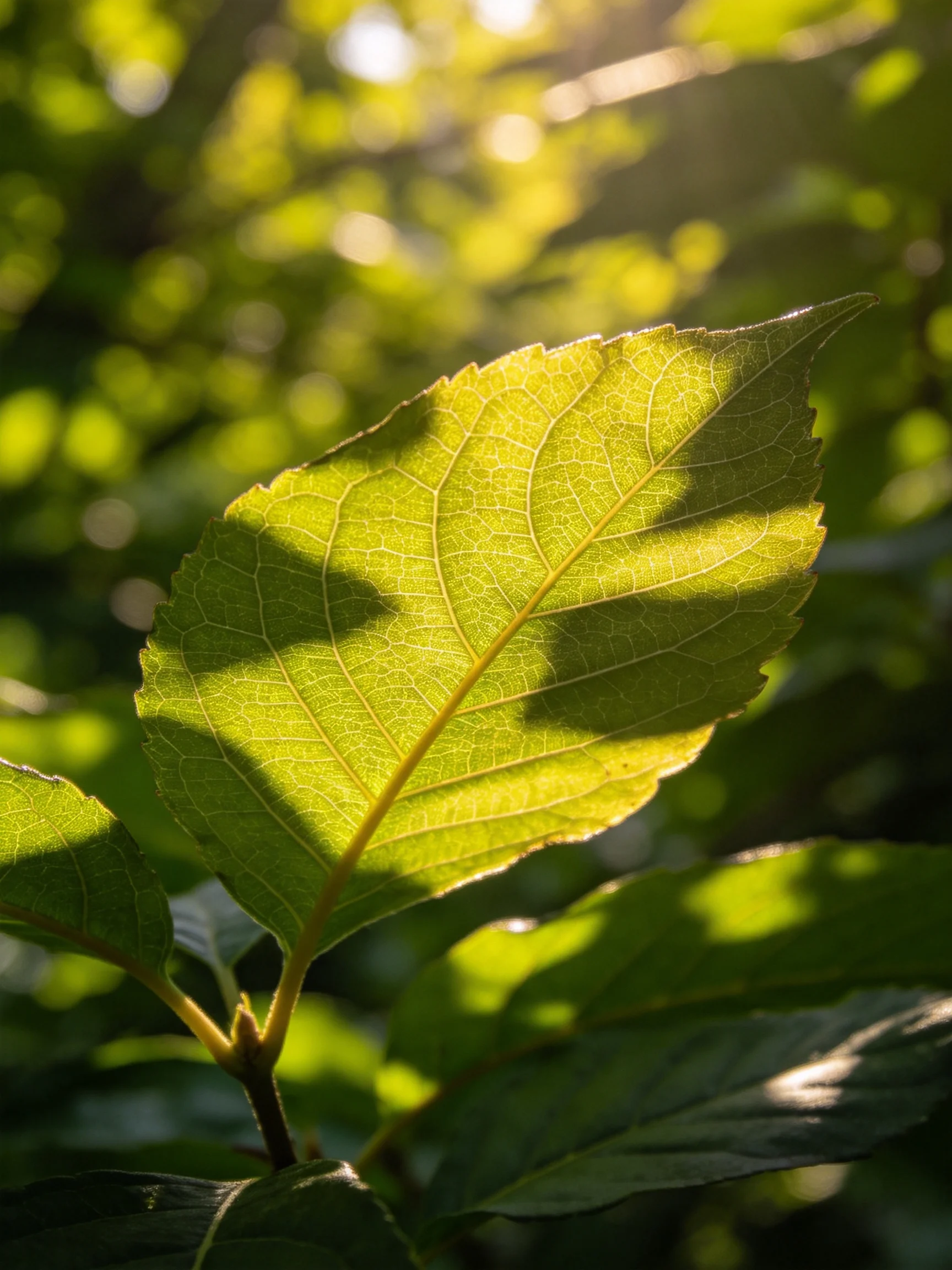 Sunlight highlights a detailed green leaf with intricate veins