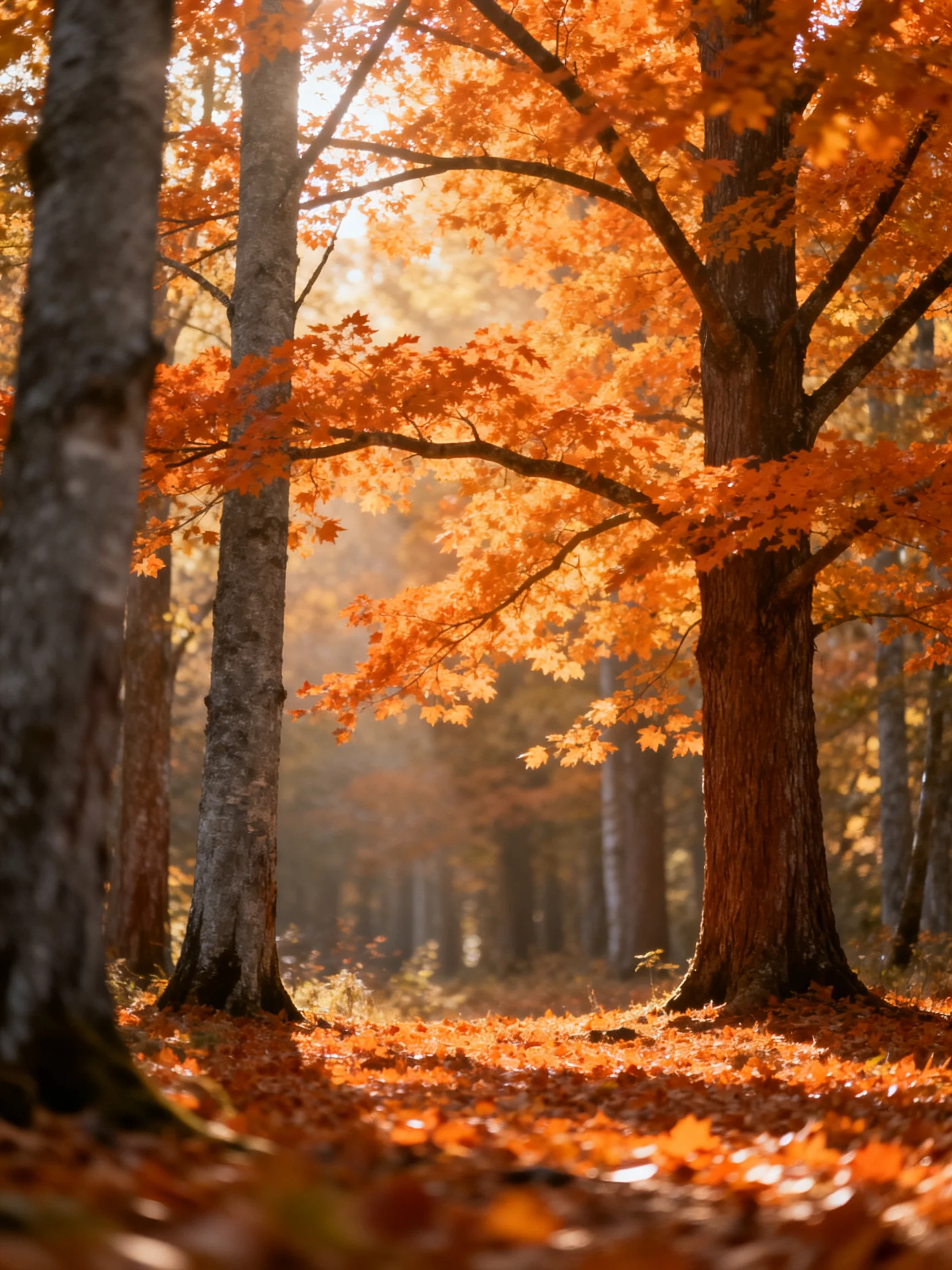 Sunlight highlights vibrant orange maple trees in a sun-dappled autumn forest