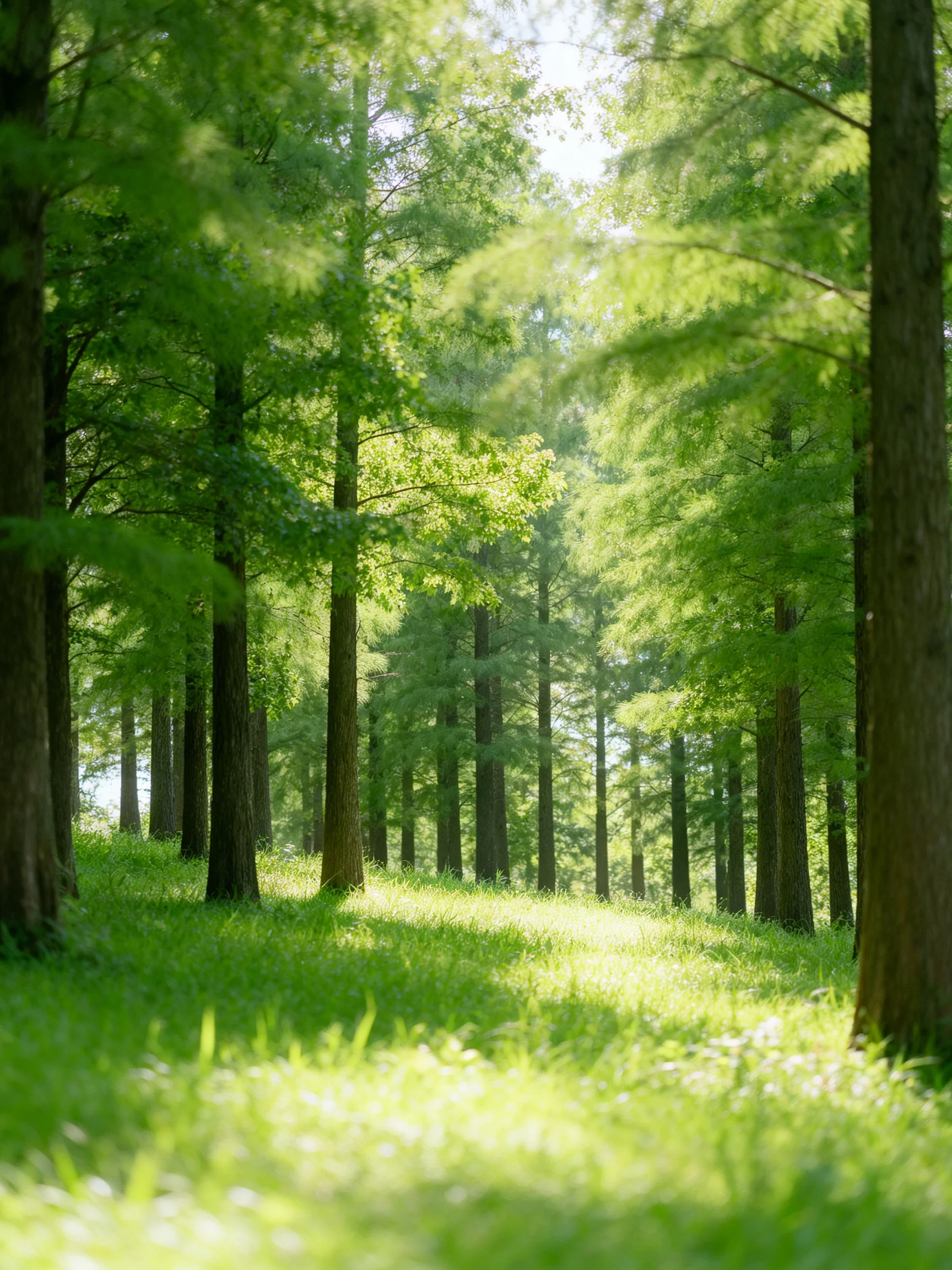 Sunlight illuminates a forest with tall trees and dense greenery