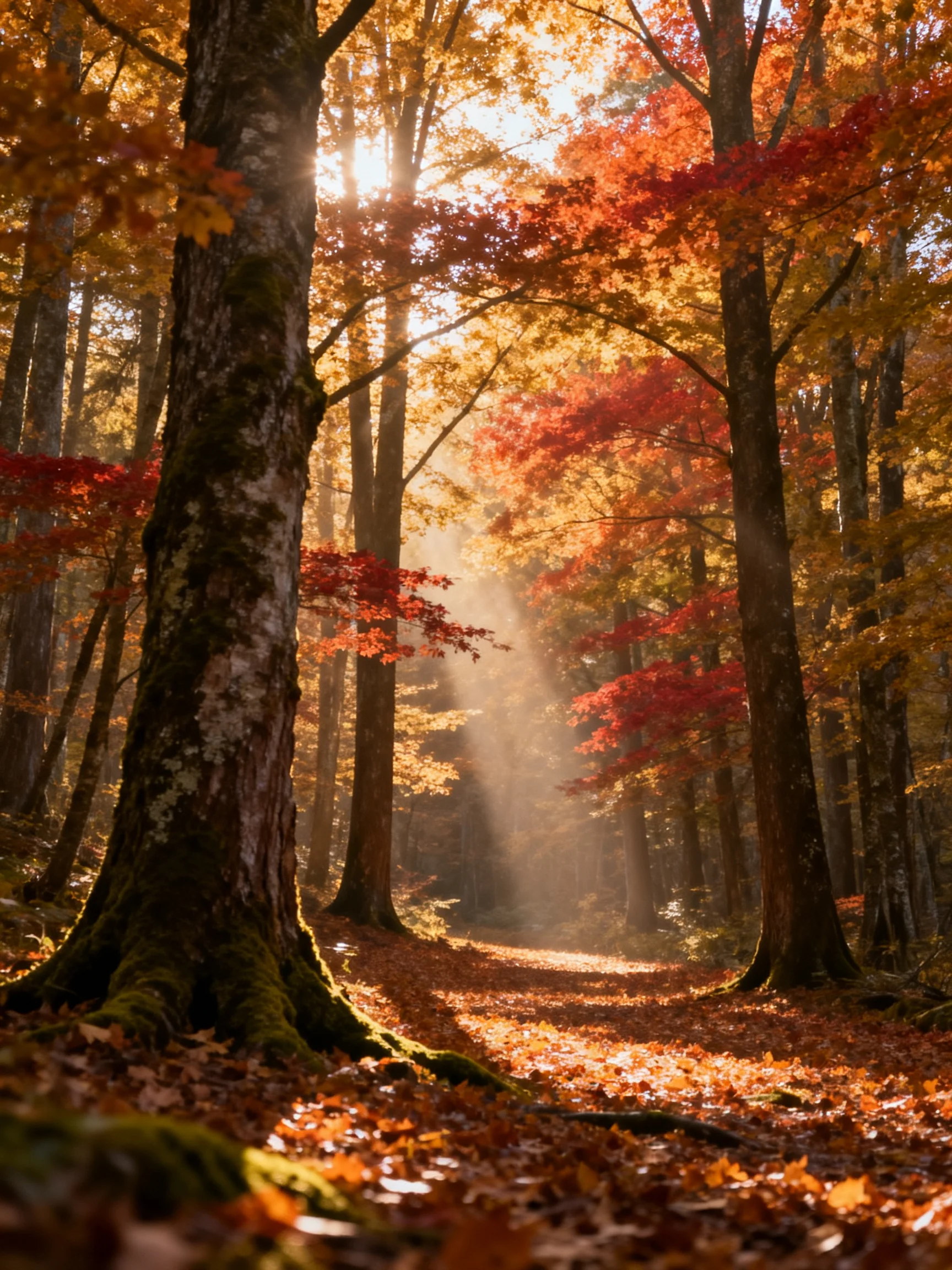 Sunlight illuminates a forest with vibrant autumn trees and a leaf-strewn path.