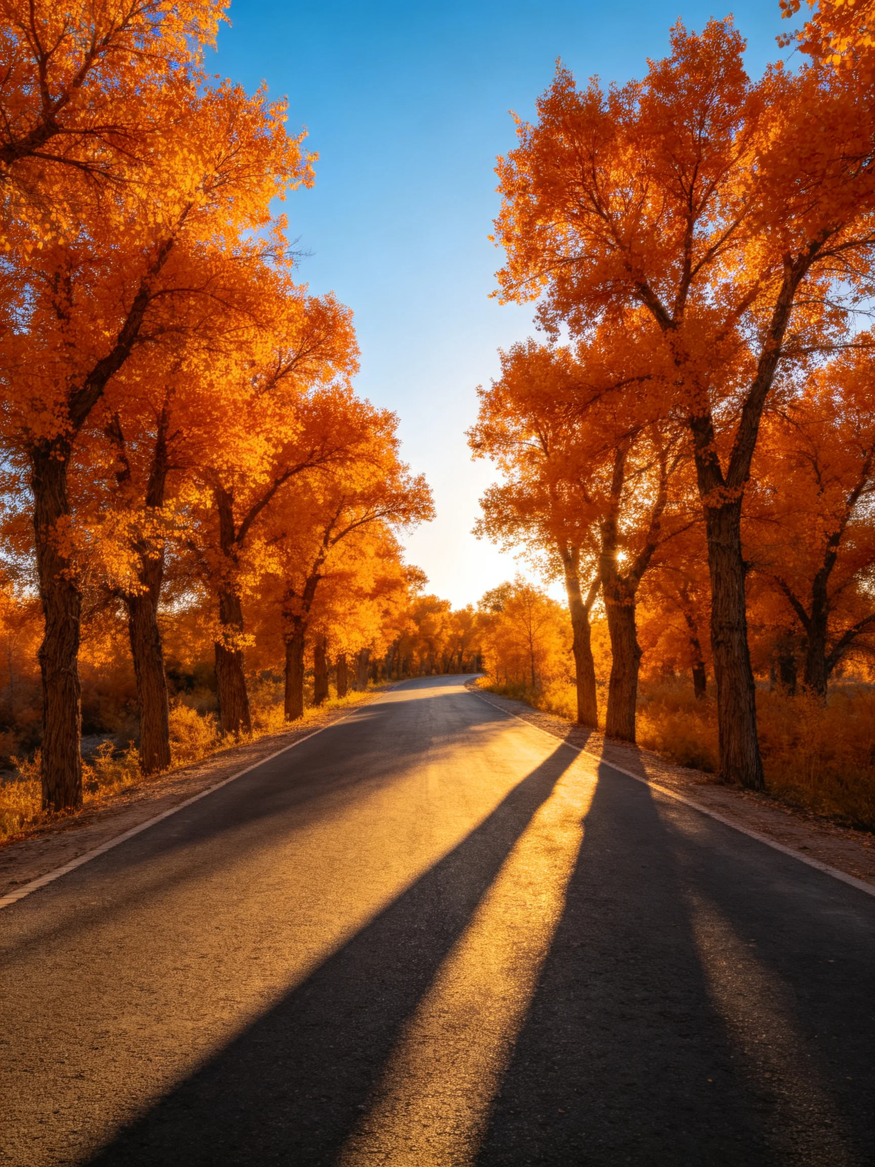 Sunlight illuminates an empty road bordered by vibrant fall foliage