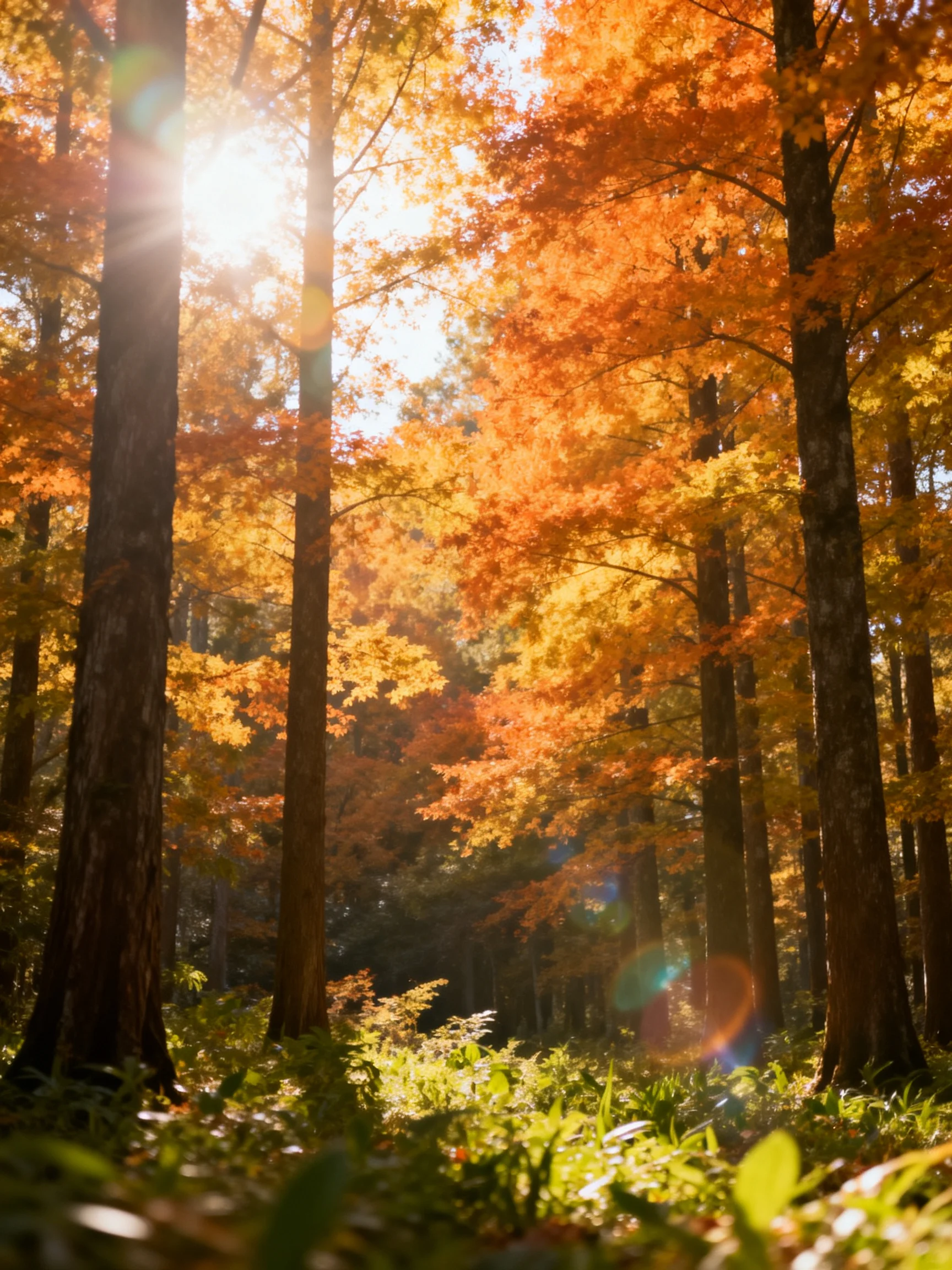Sunlight illuminates vibrant autumn forest with golden-orange leaves