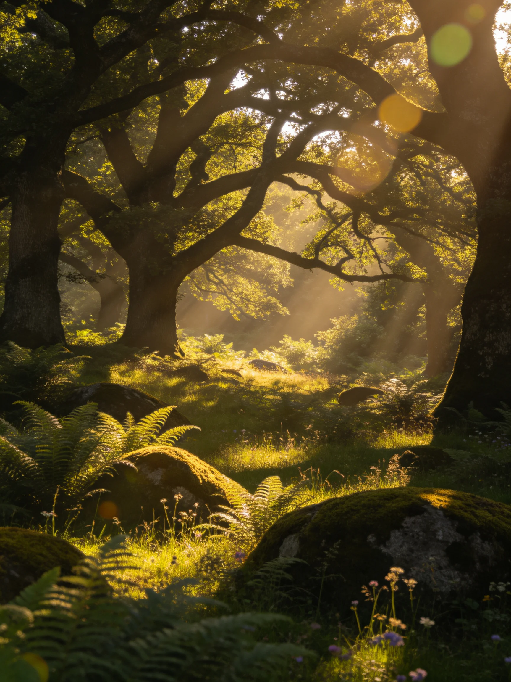 Sunlight streaming through ancient oaks in a moss-draped forest clearing