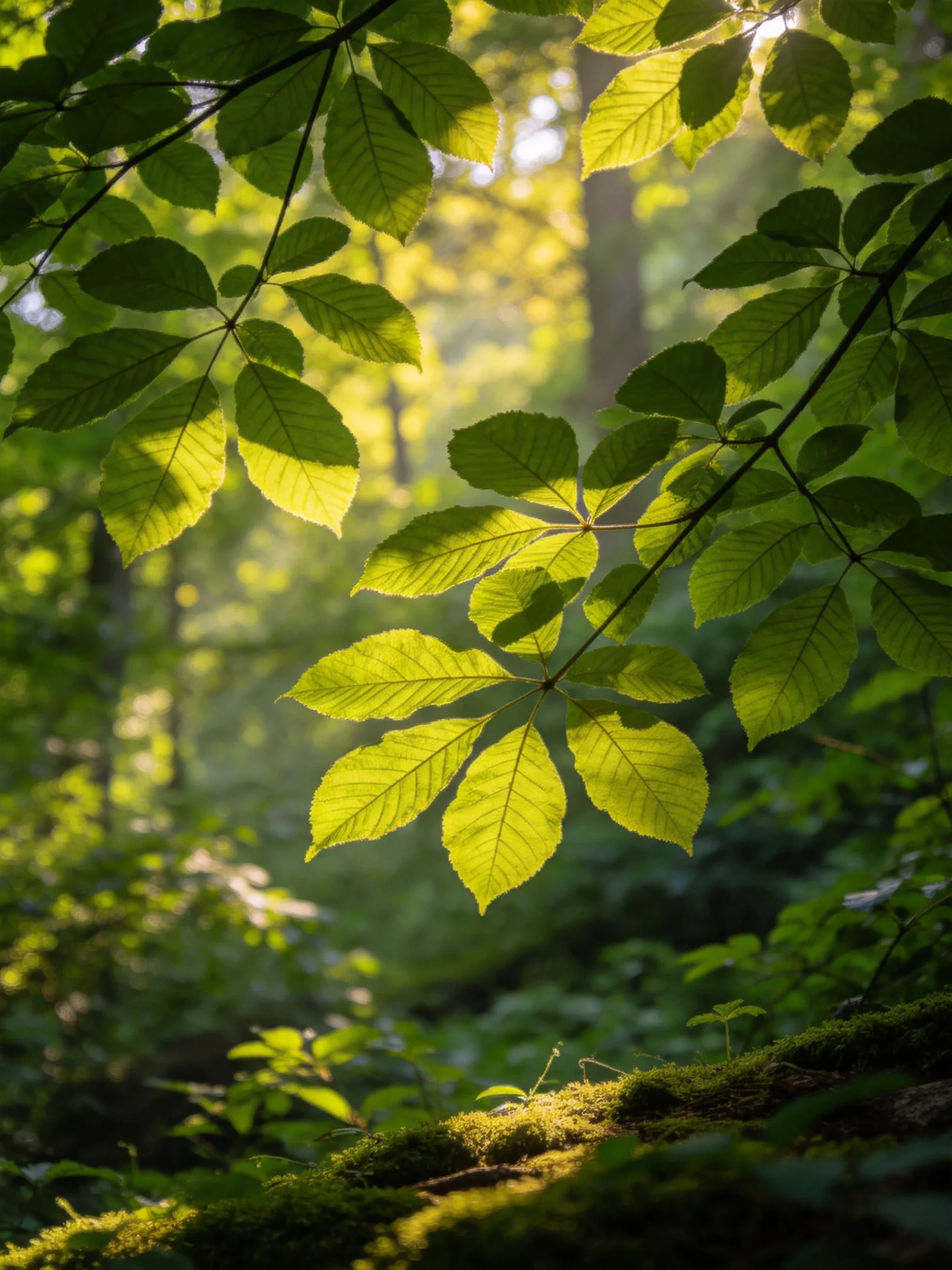 Sunlight streaming through vibrant green forest leaves