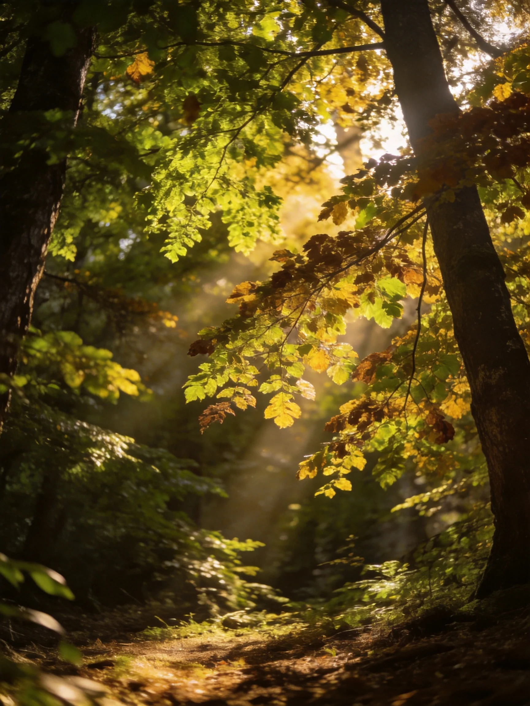 Sunlight streams through a forest with golden and green foliage