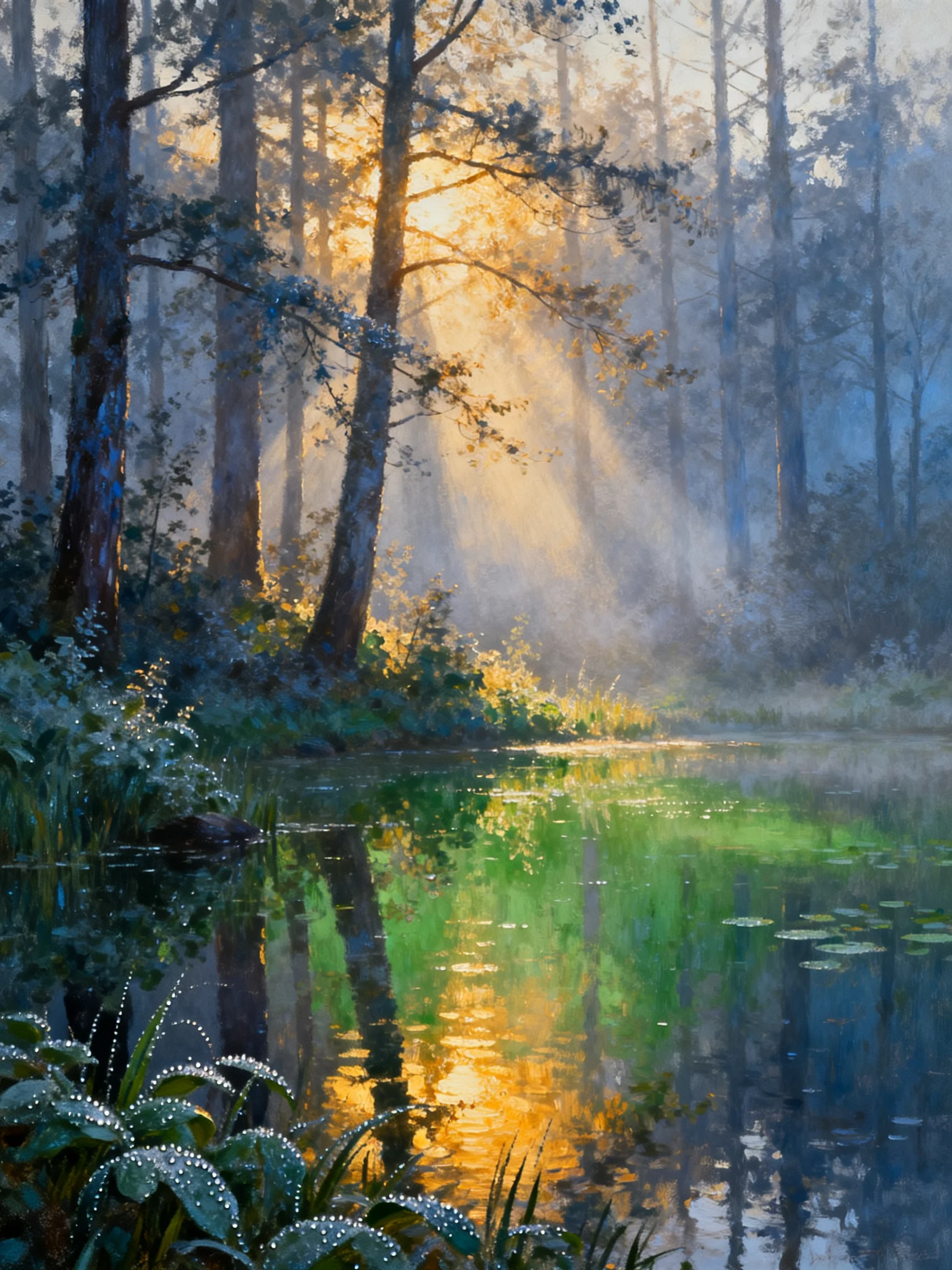 Sunlight streams through a misty forest beside a reflective river