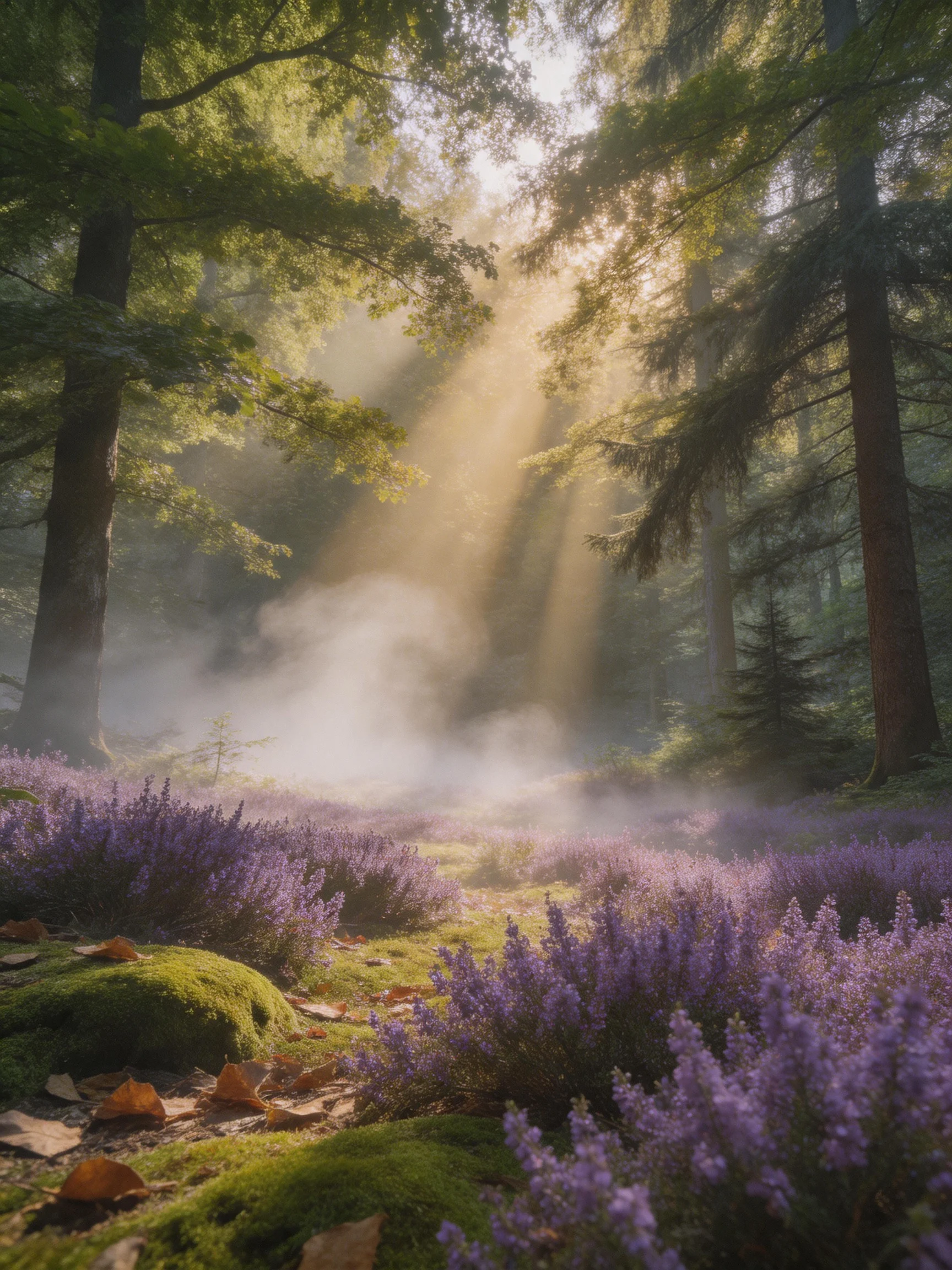 Sunlight streams through a misty forest with abundant purple heather