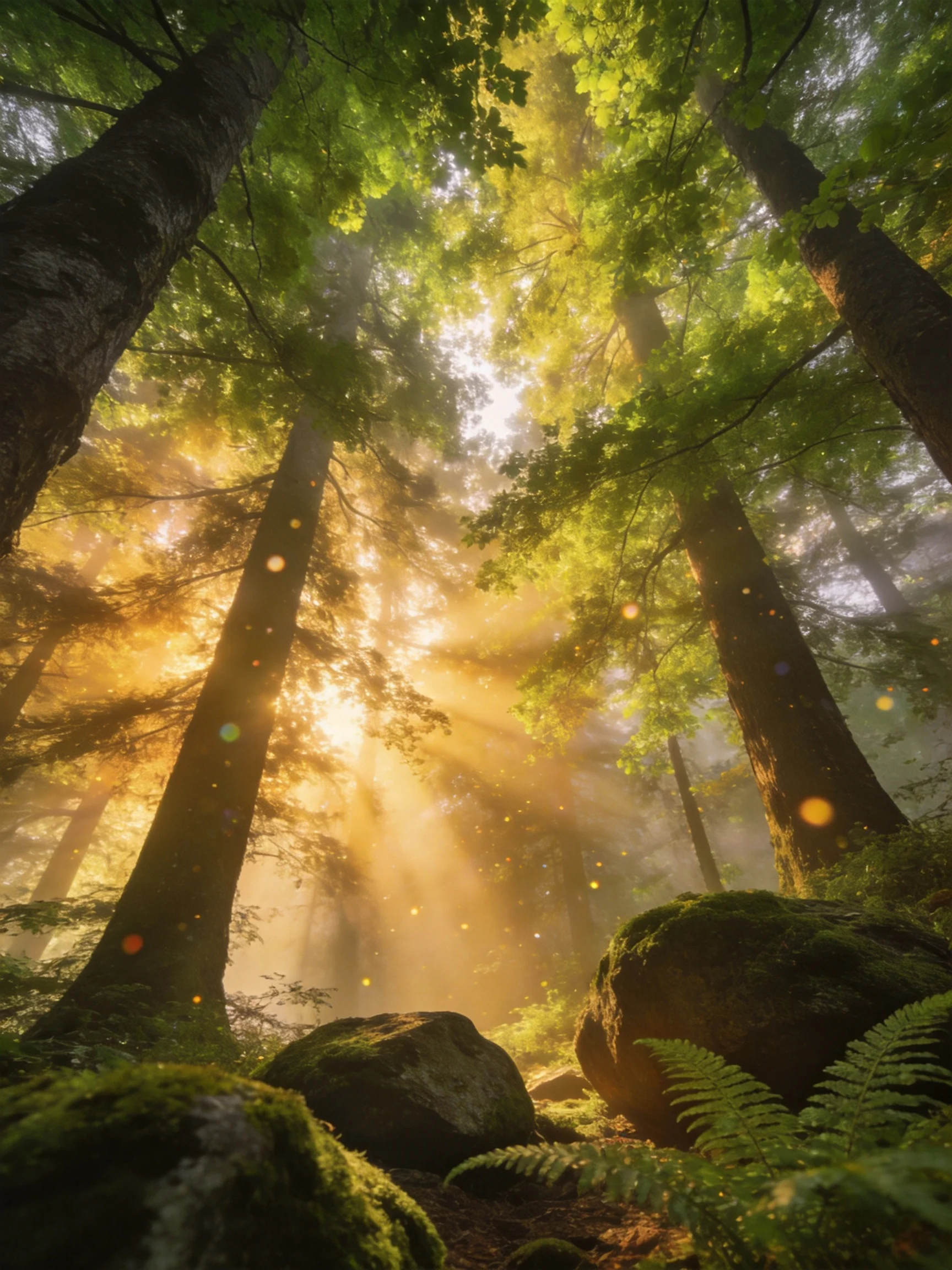 Sunlight streams through a misty forest with moss-covered rocks