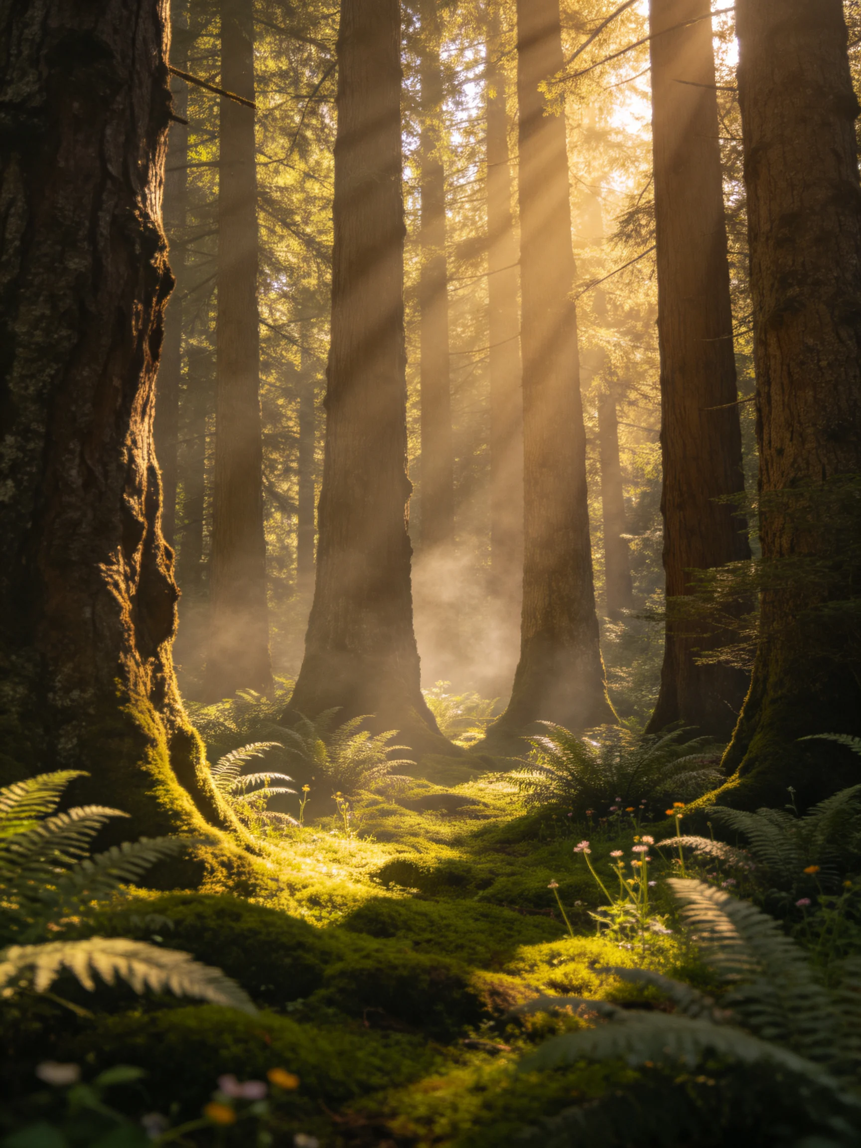 Sunlight streams through ancient forest with moss-covered trunks