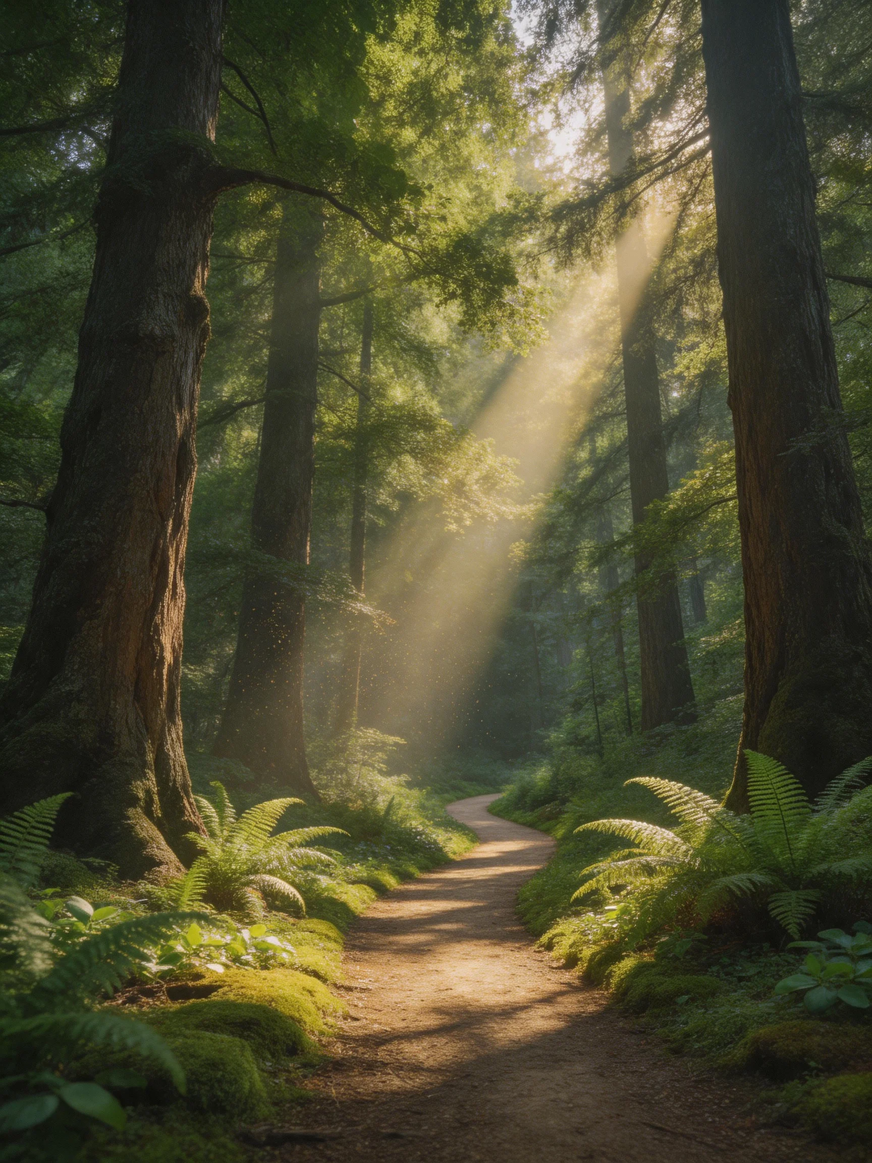 Sunlight streams through ancient redwood trees along a fern-lined forest trail