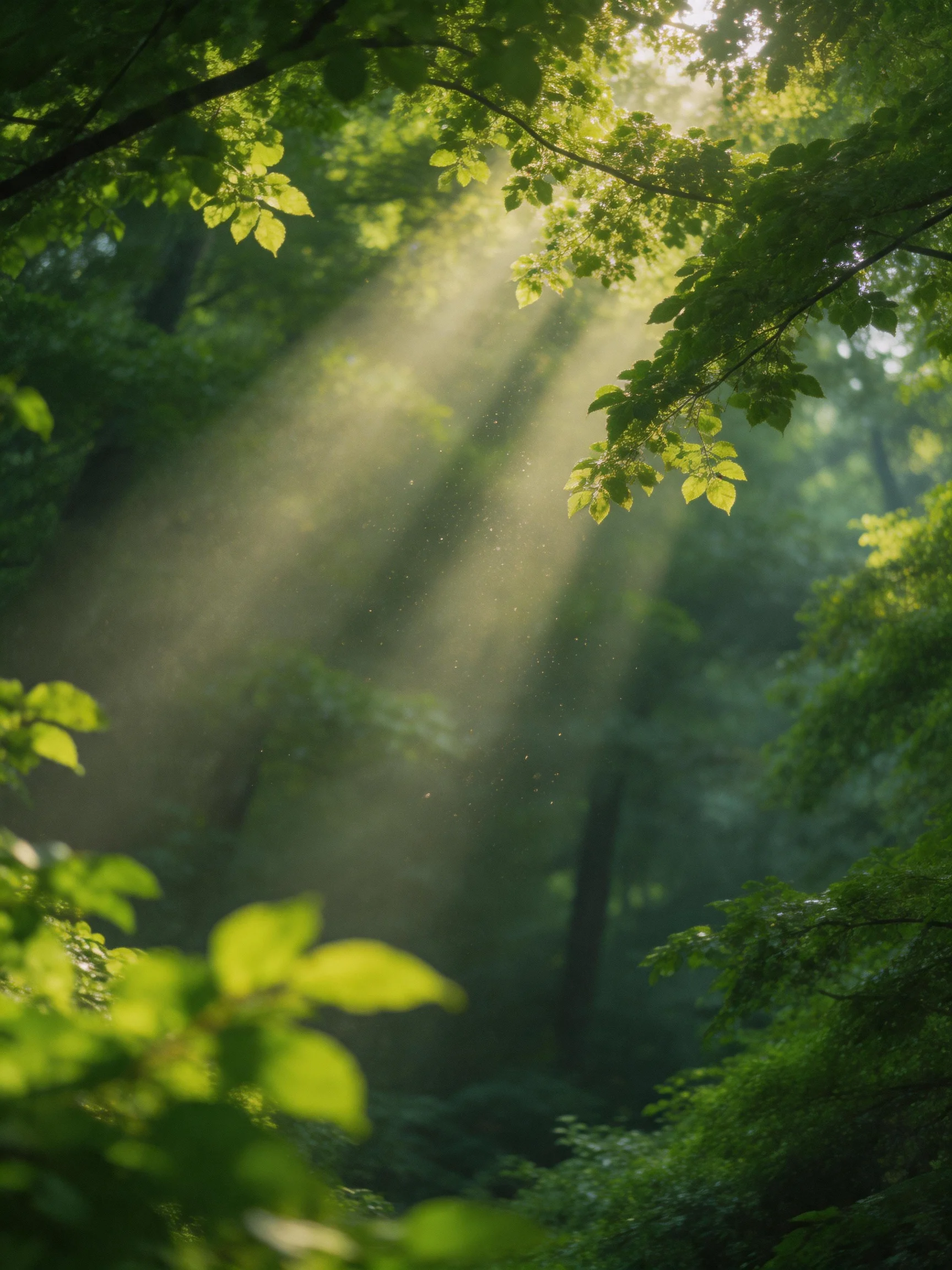 Sunlight streams through dense green forest foliage